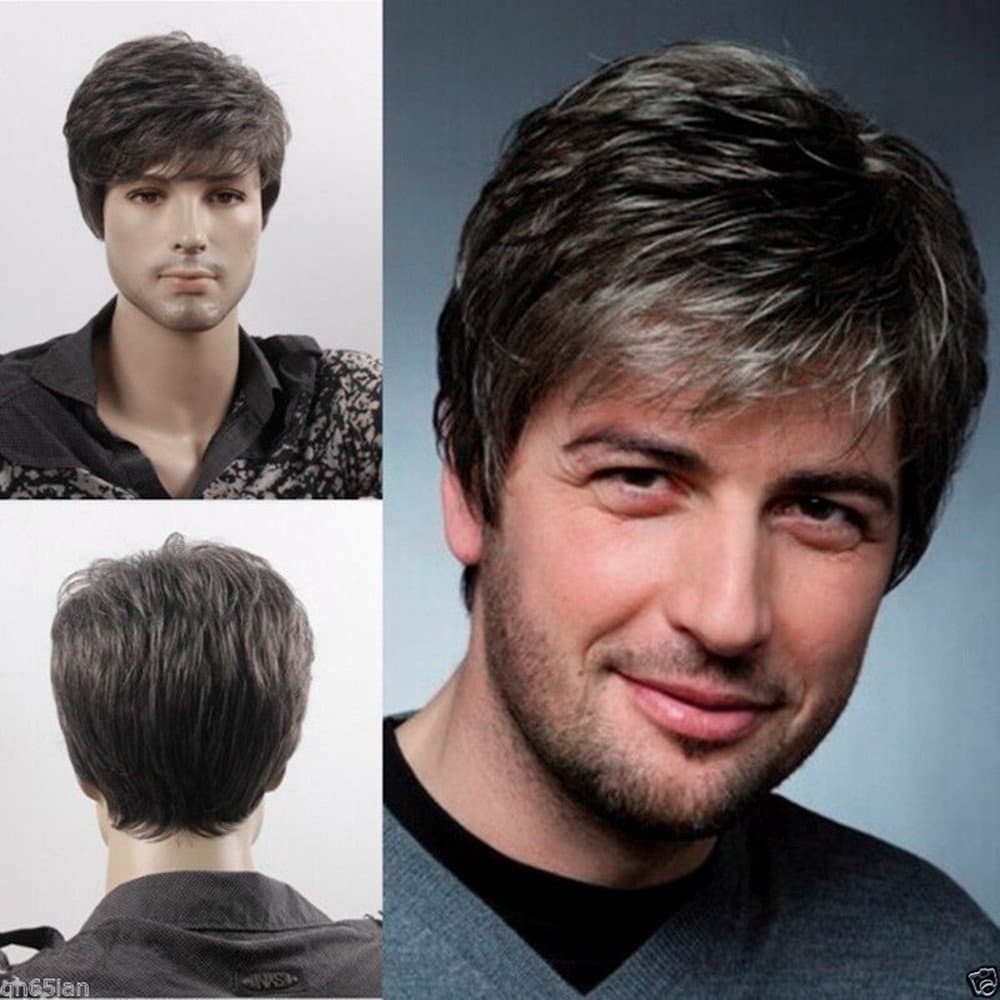 Men Short Straight Wig Black and Grey Mix Side Swept Fringe Hairstyle Synthetic Heat Resistant Wigs with Wig Cap UW021