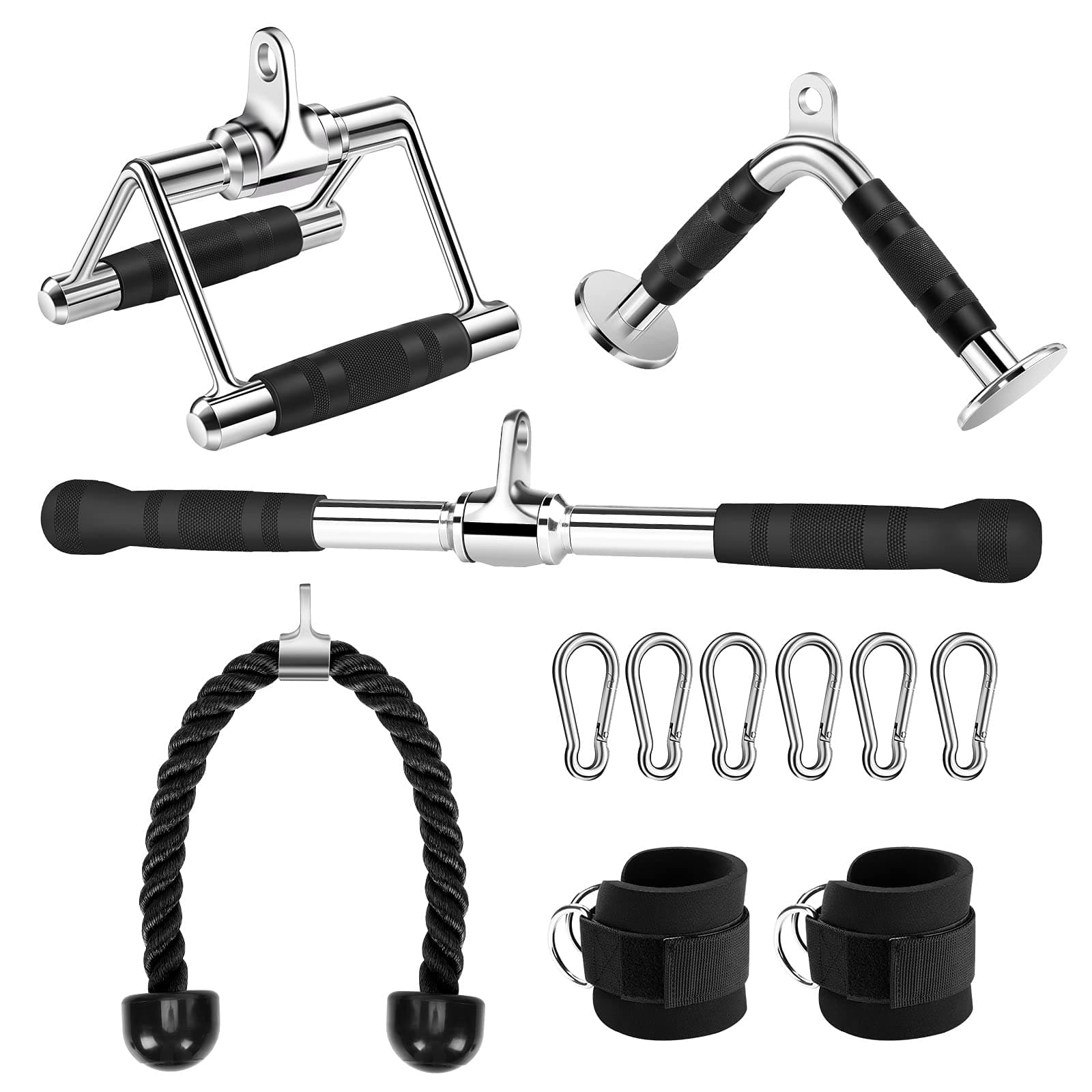 Cable Attachments for Gym, Lat Pulldown Attachments, Tricep Pull Down Rope, V Handles, Double D Handle Cable Machine Attachment, Rotating Straight Bar, V Shaped Bar, Ankle Straps, Home Gym Accessories
