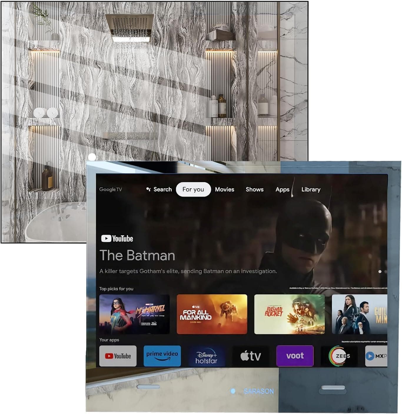 1 of SARASON WebOS Latest Apps-Waterproof 19-inch Mirror Smart TV-Bathroom TV with 2 Built-in loud Speakers- Bluetooth, Chromecast, USB Video
