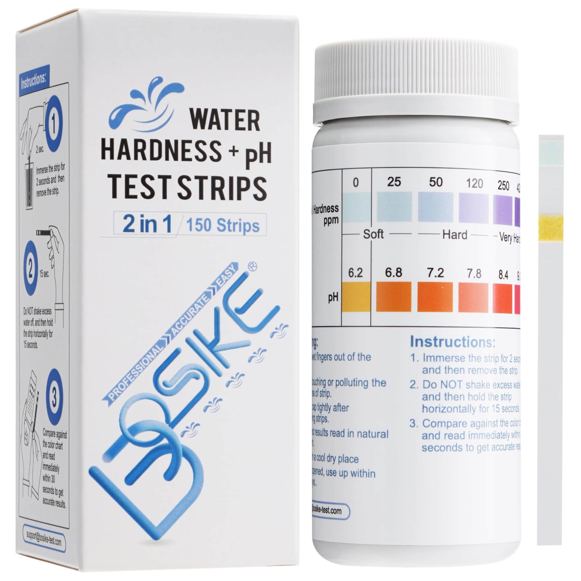 BOSIKE 2 in 1 Water Test Kit Hardness & pH - 150 Strips - Hard Water Tester for Tap Drinking - Softener, Dishwasher, Pool, Spa & Well Testing Kits
