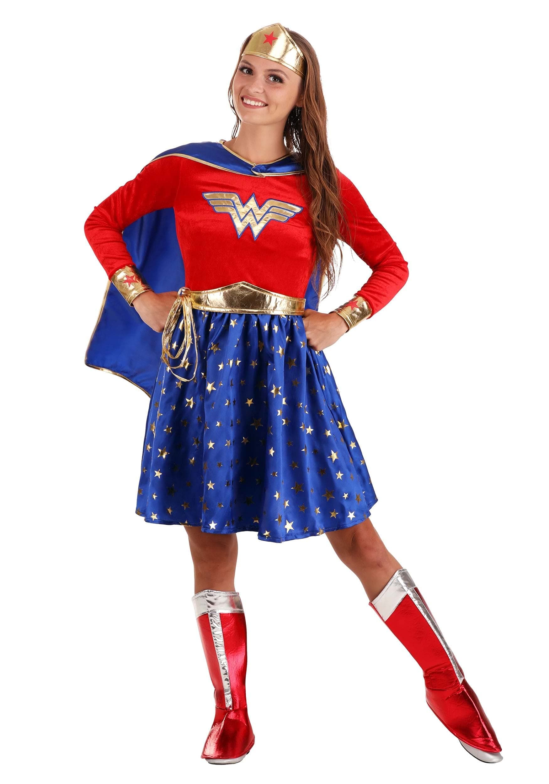 Wonder Woman Costume, Red White & Blue Long Sleeve Dress Superhero Outfit for Halloween