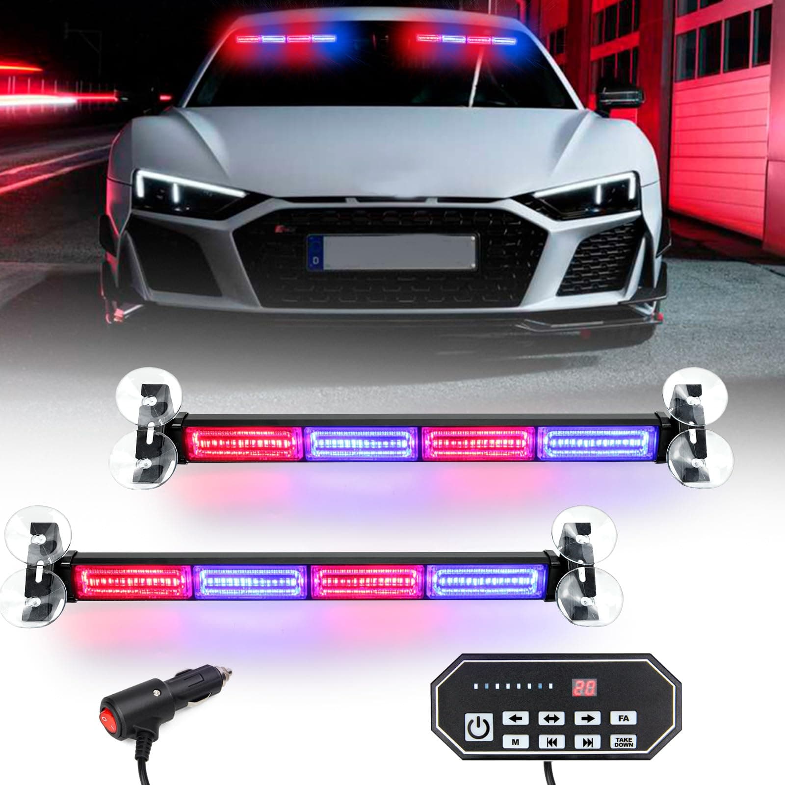 Red & Blue Windshield Strobe Light Bar
