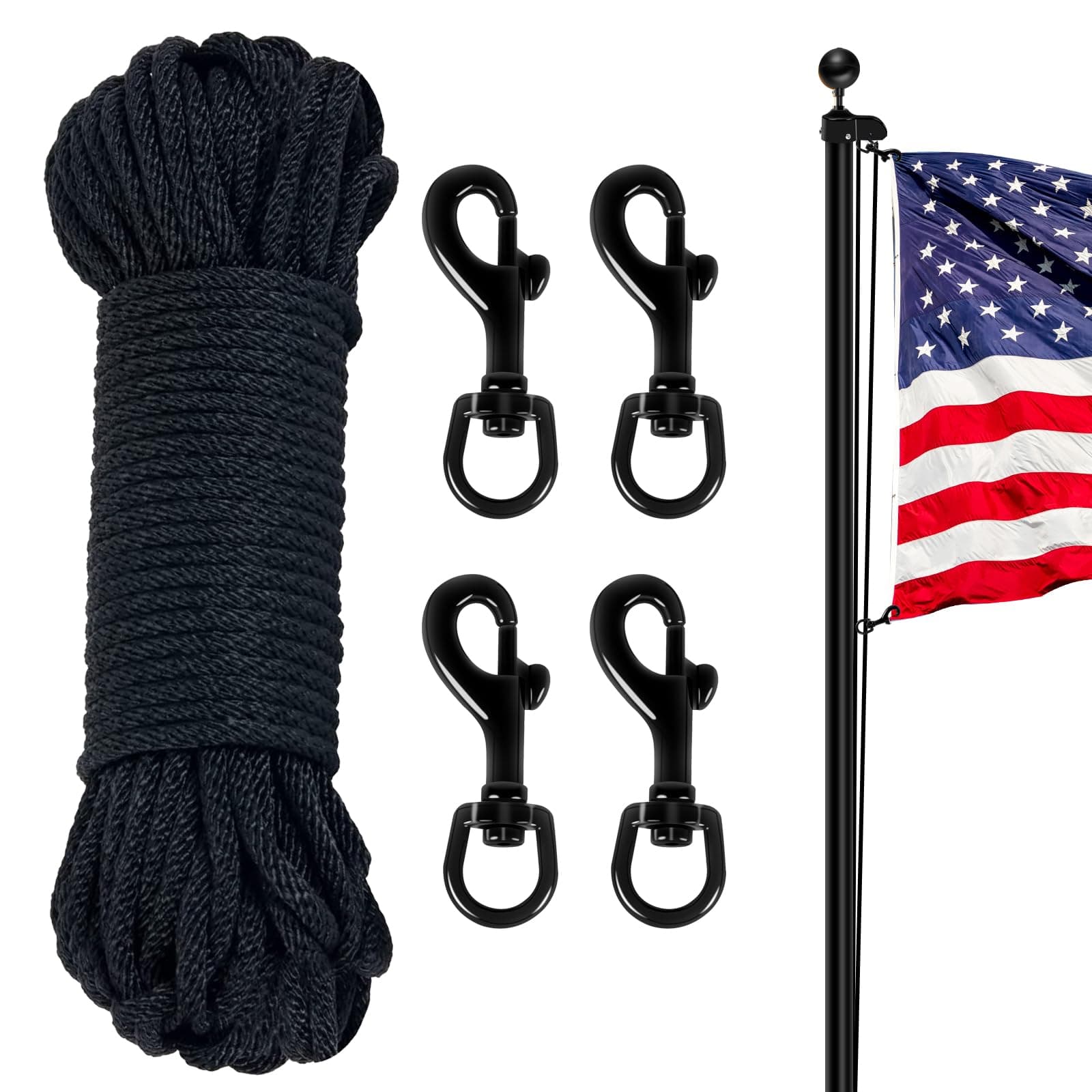 NQ Flag Pole Rope Line Kit-50FT x 1/4" Diameter Nylon Flag Pole Halyard Rope with 4 Pcs Swivel Snap Clips Hooks Fits Flagpole Up to 25FT,Outdoor Flagpole Camping Pet Tent Hardware Accessories (Black)