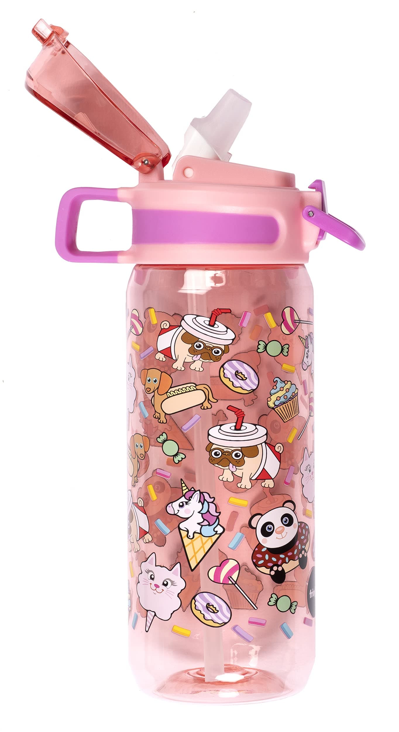 Fringoo - Animal Treats - Kids Water Bottle with Straw - BPA Free Water Bottles - Pink Straw Water Bottle - Reusable Water Bottle - 600 ml / 20 Oz