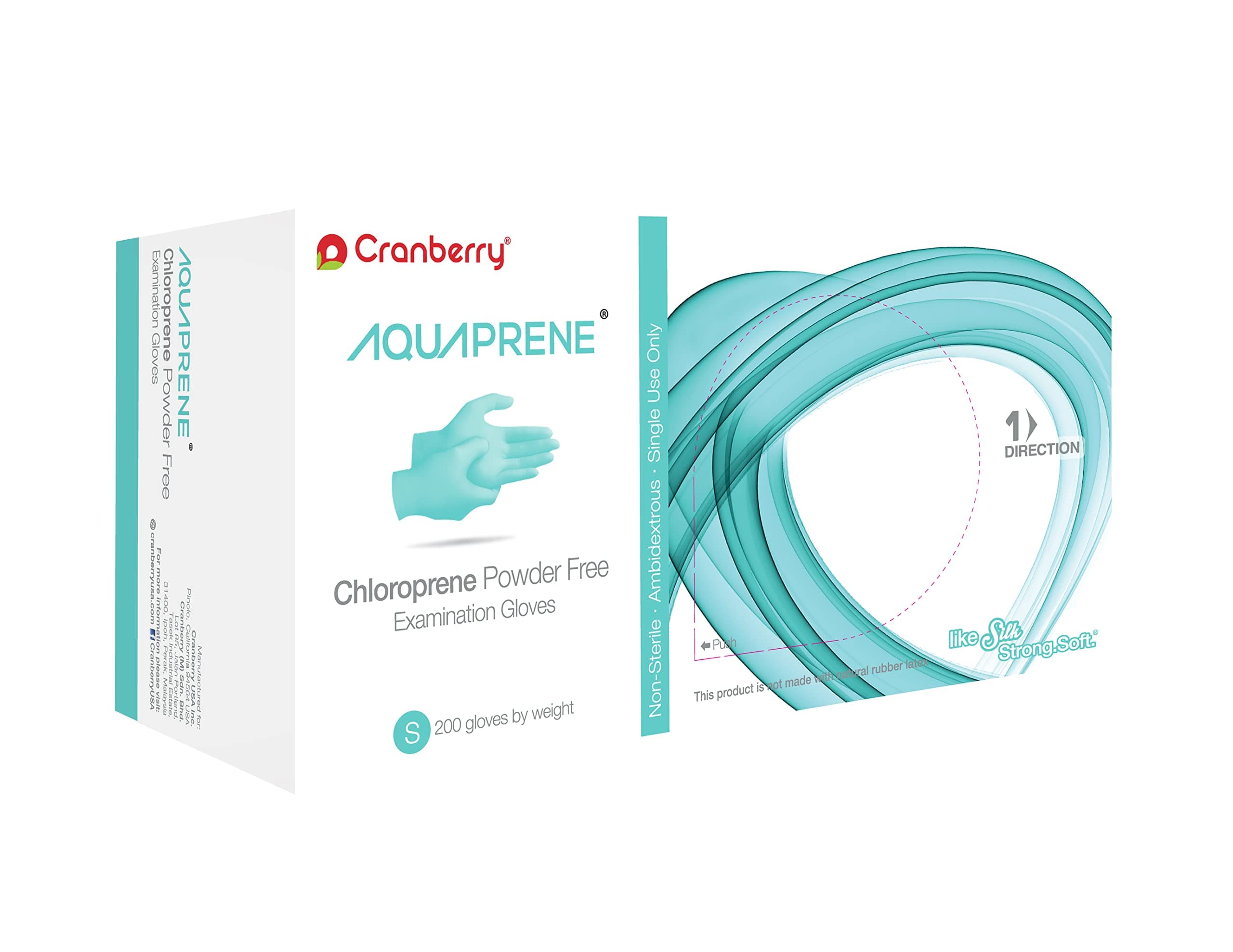 Cranberry USA CR3026 Aquaprene Chloroprene Powder Free Exam Gloves, 3.2 mil, Aqua, Small (Pack of 200)