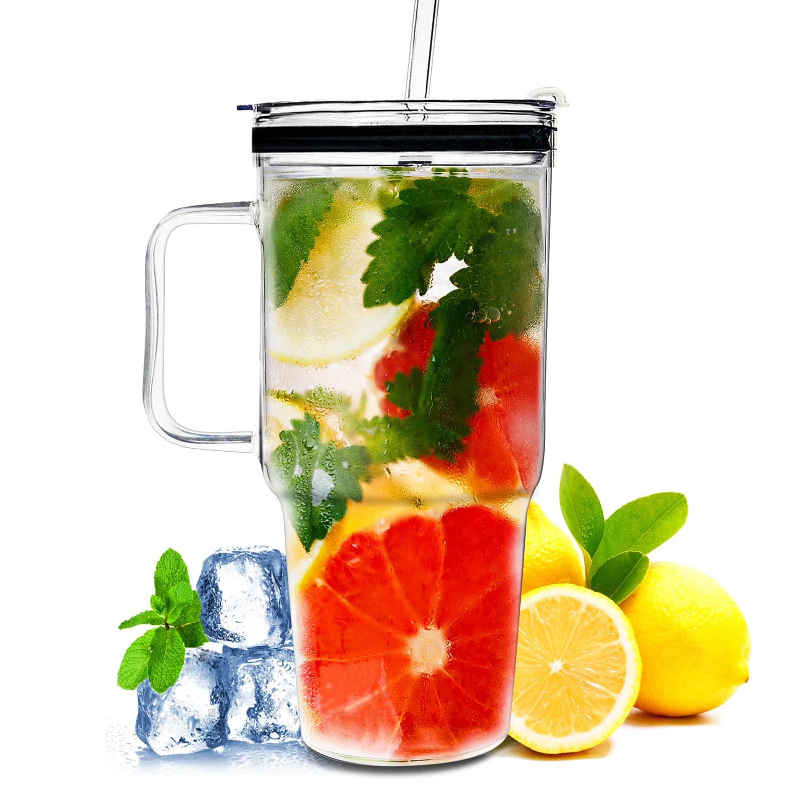 Glass Tumbler with Straws and Lids, 40oz Large Glass Coffee Tumbler with Handle, Clear Water Bottle for Car, Camping, Travel, and Outdoor Activities