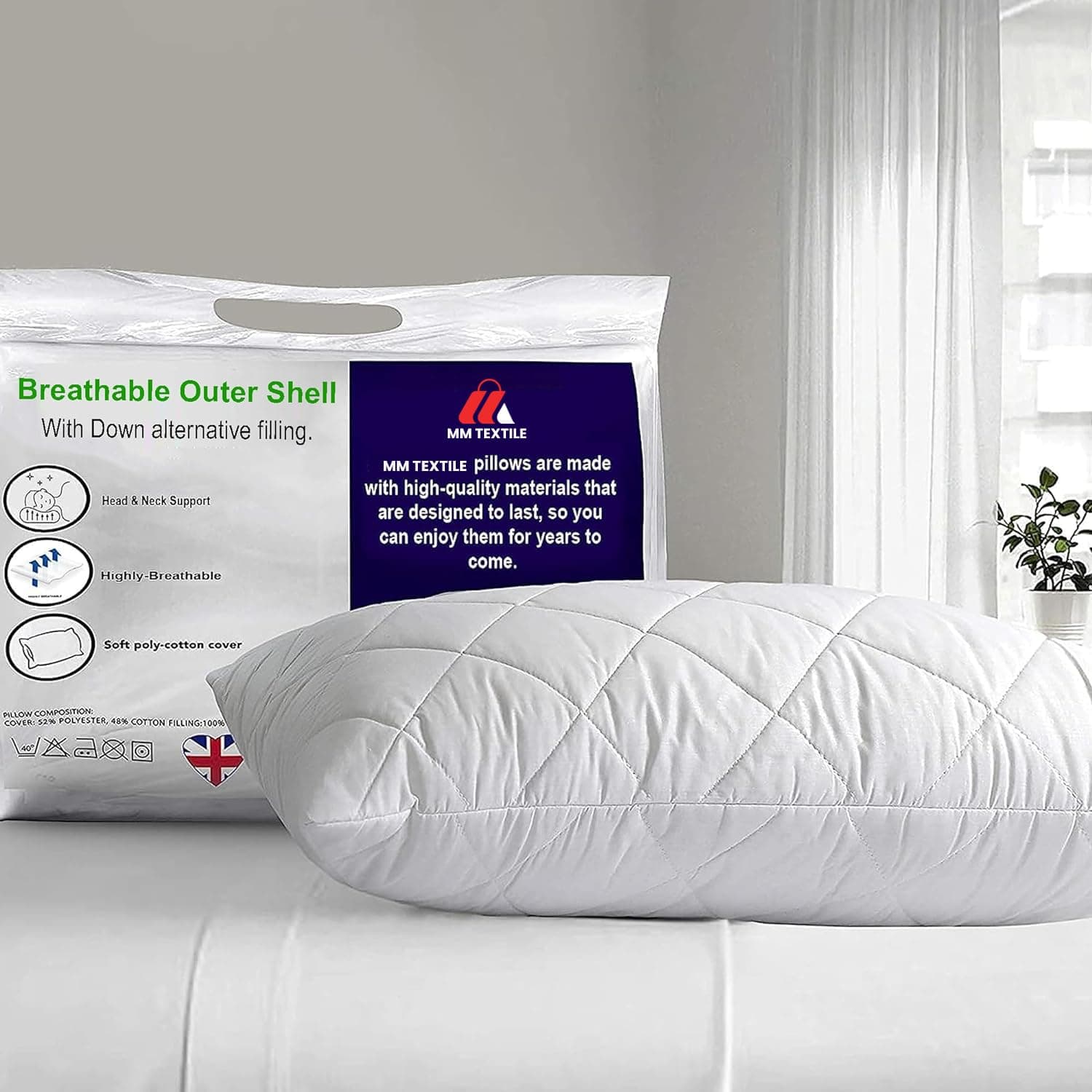 MM TEXTILE Pillow 2 Pack Hotel Quality with Quilted Cover - Premium Filled Pillows for Stomach, Back and Side Sleeper Pillow, Down Alternative Bed Pillow-Soft Hollow-Fiber - WHITE