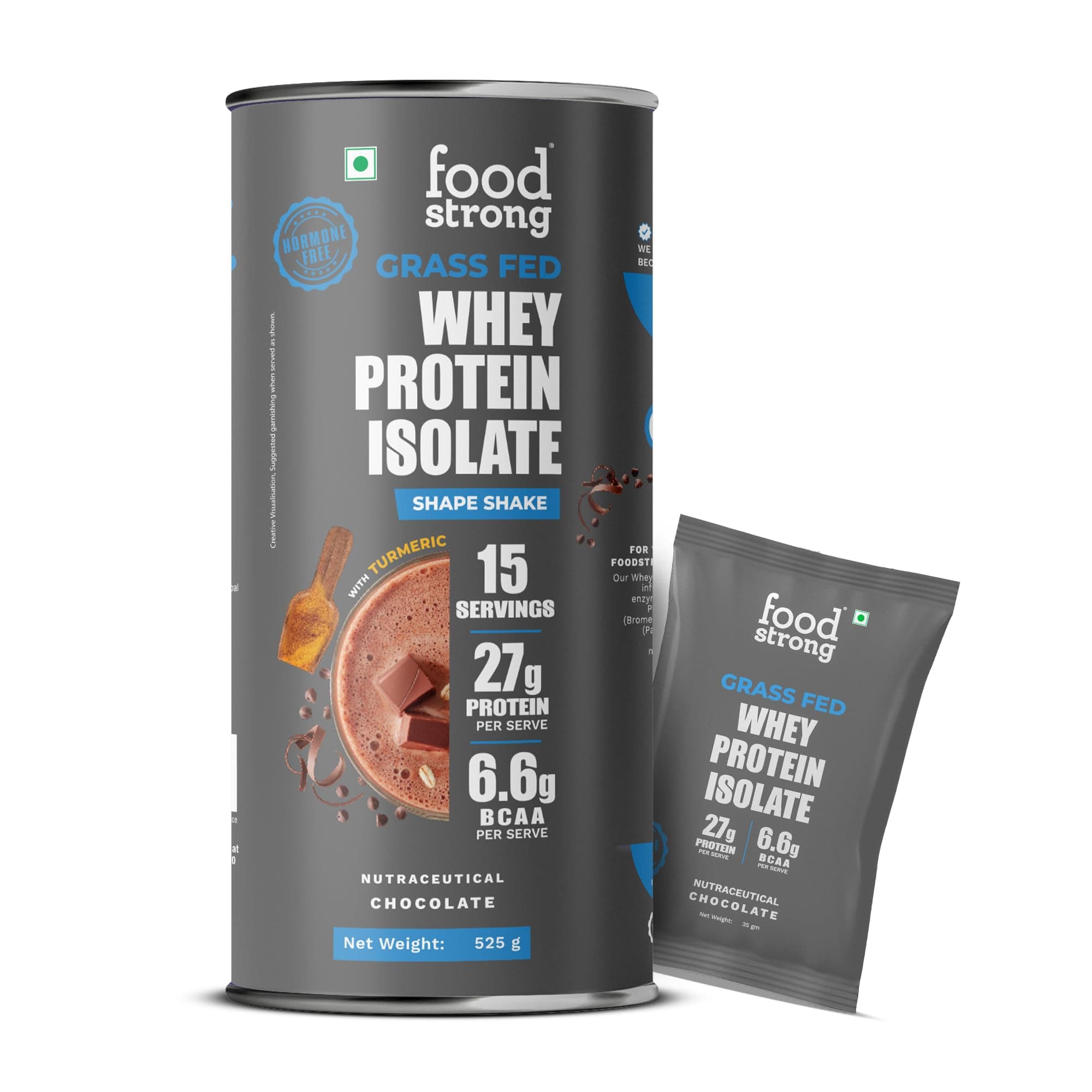 Foodstrong Whey Protein Islolate, 100% Hormone free Grass-fed Whey, 27g Protein & 6.6g BCAA, Shape Shake Chocolate Flavour, With Turmeric & Digestive Enzymes, No Added Sugar, 16 sachets, 528g