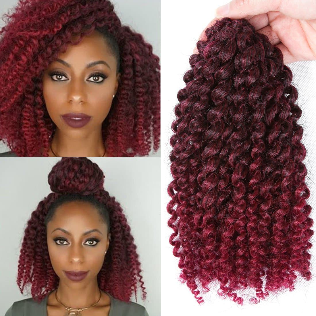 Marlybob Crochet Braiding Hair 3 Packs Afro Kinky Curly Synthetic Ombre Braids Crochet Hair Extensions (8inch Black to Burgundy)