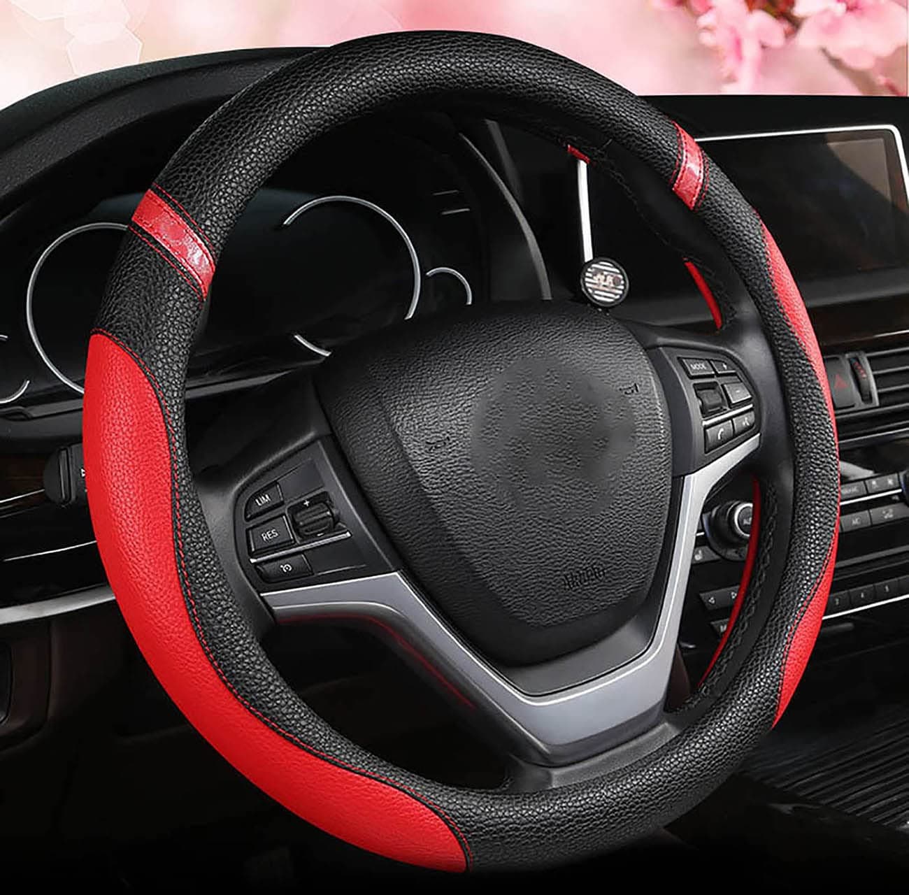 steering wheel cover for women,color leather non-slip auto steering wheel cover, universal 38cm car interior accessories (Black red)