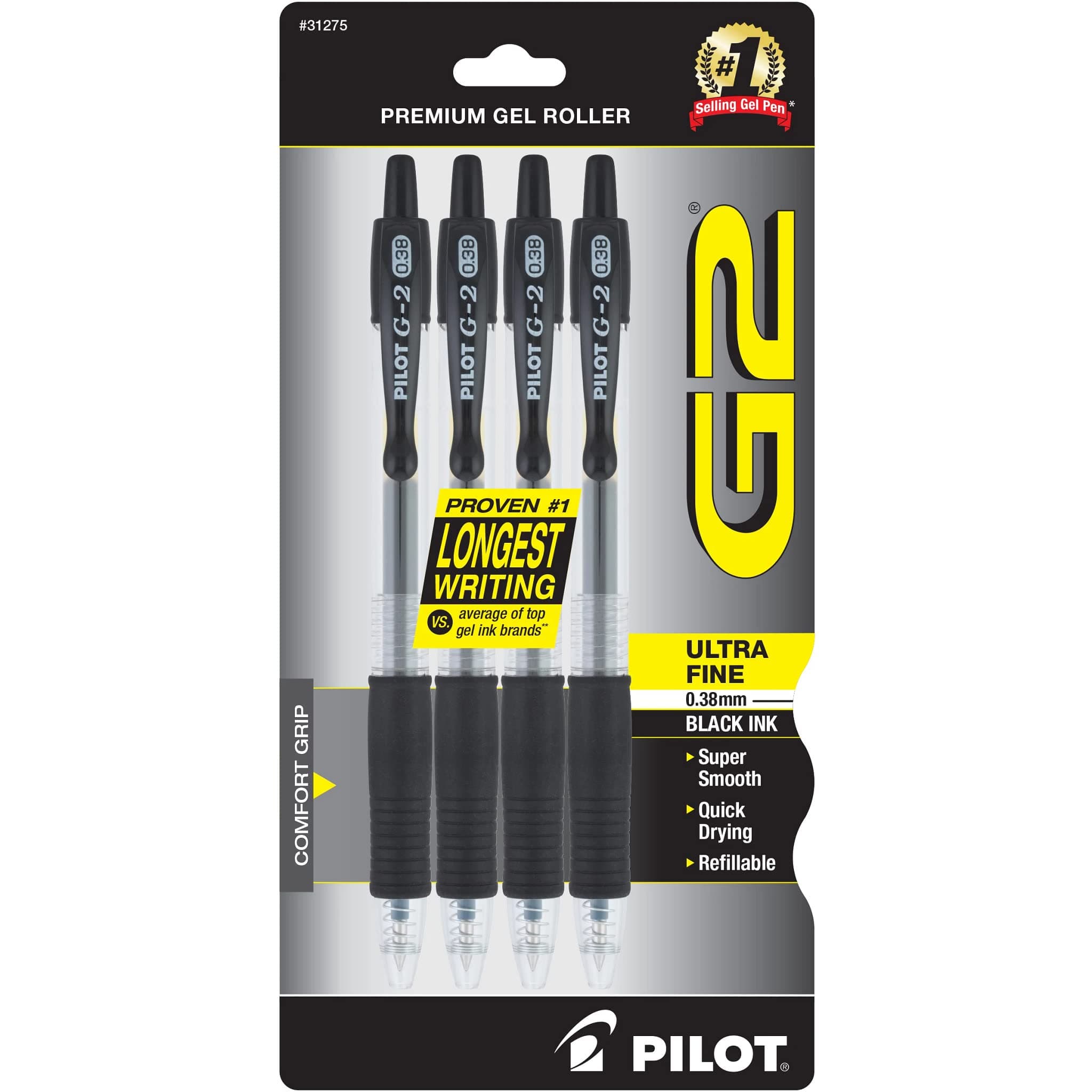 Pilot G2 Retractable Premium Gel Ink Roller Ball Pens, Ultra Fine Point, 4-Pack, Black Ink (31275)