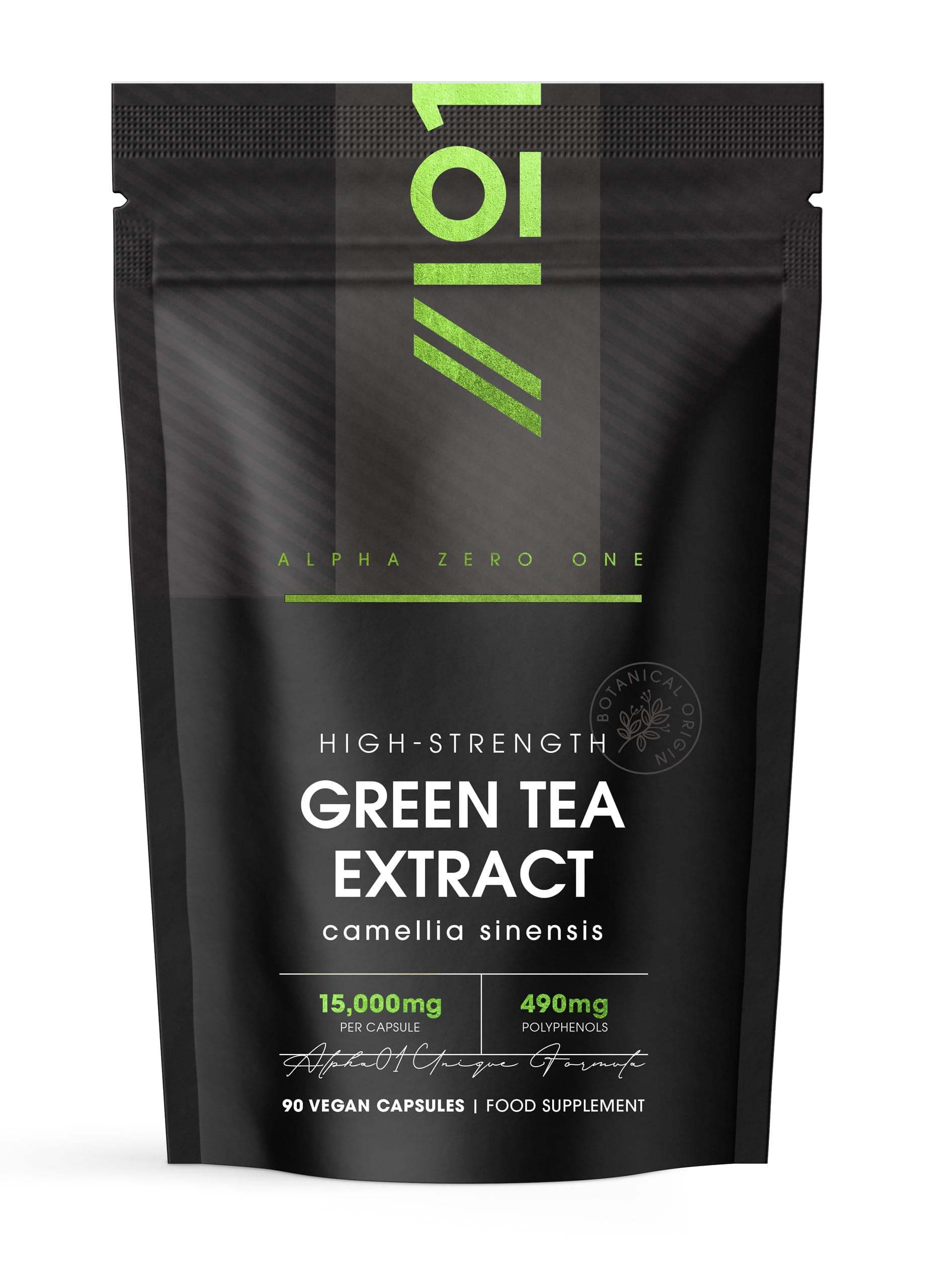 – Green Tea Extract 15,000mg - 95% Polyphenols (490mg per Capsule) - 90 Vegan Capsules (3 Months Supply) - Resealable and Recyclable Pouch - By Alpha01