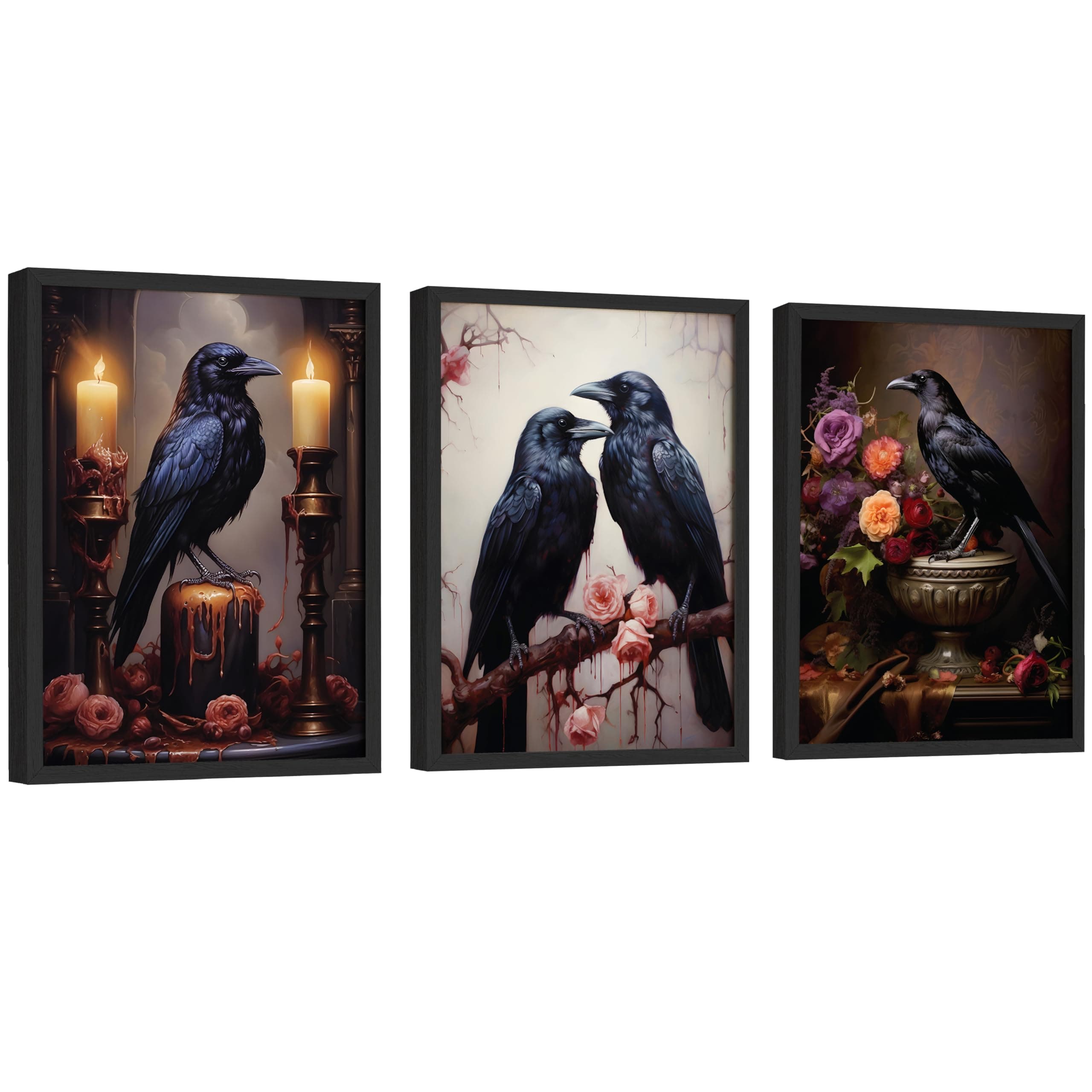 EXCOOL CLUB Black Raven Wall Art - 12x16 Vintage Ravens Poster, Victorian Crow Art Dark Academia Prints, Moody Decor Aesthetic Halloween Pictures Gothic Paintings for Home Bedroom (UNFRAMED)