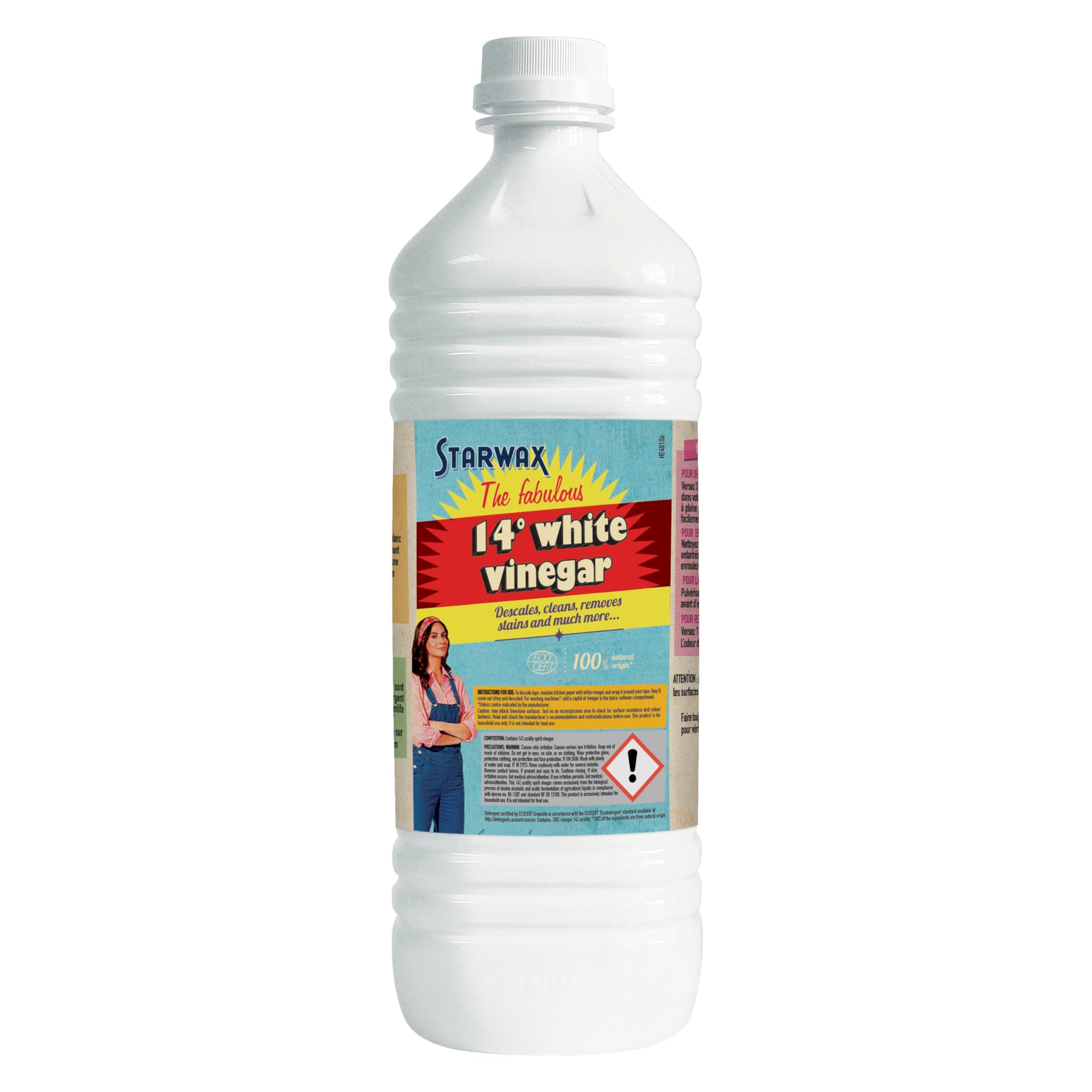 – 14° White Vinegar - Descales, Cleans and Shines - 100% Natural Origin - Practical Bottle Format - Highly Concentrated - 1L