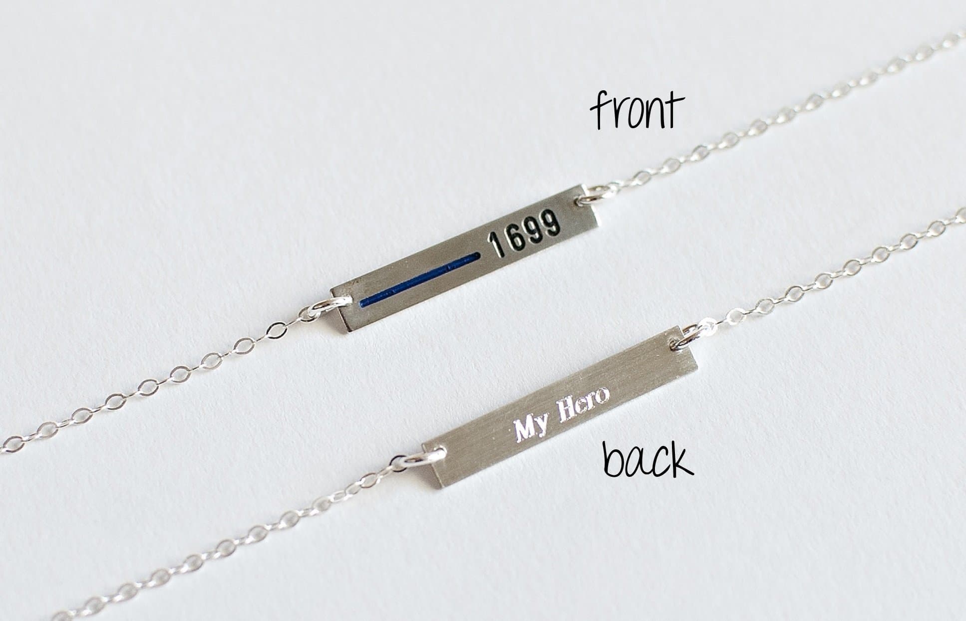 Silverado JewelryThin Blue Line Sterling Silver Personalized Necklace for Police Wives. Custom Law Enforcement Badge Number with Blue, Red, Black Line Rectangle Bar Pendant Sterling, 14K Gold Fill, or Rose Gold Fill