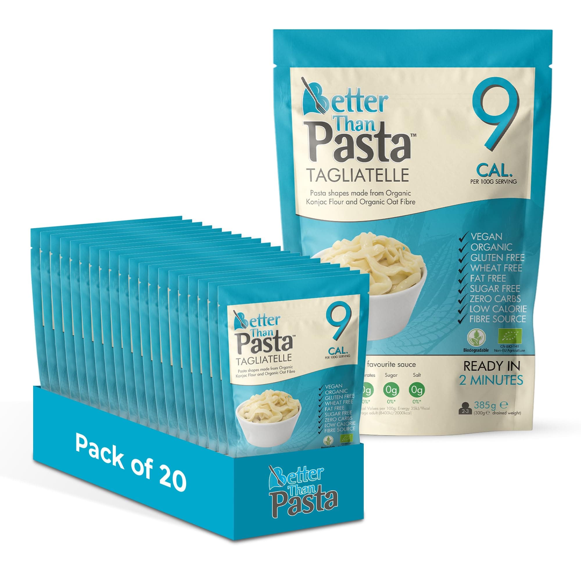 Tagliatelle (Pack of 20, 385g Each) Zero Carbohydrate | Made from Organic Konjac Flour | Keto Paleo Diet and Vegan | Zero Sugar and Low Calorie Food