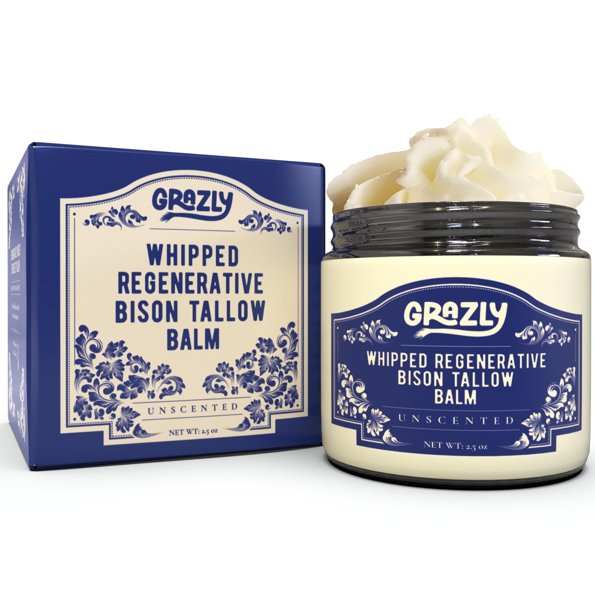 GrazlyUnscented Manuka Honey & Bison Tallow Balm – 100% Organic, Grass-Fed Face & Body Moisturizer for Dry Skin, Acne-Prone Skin & Wrinkles – Ancestral Formula with Coconut Oil, Raw Beeswax – 3oz