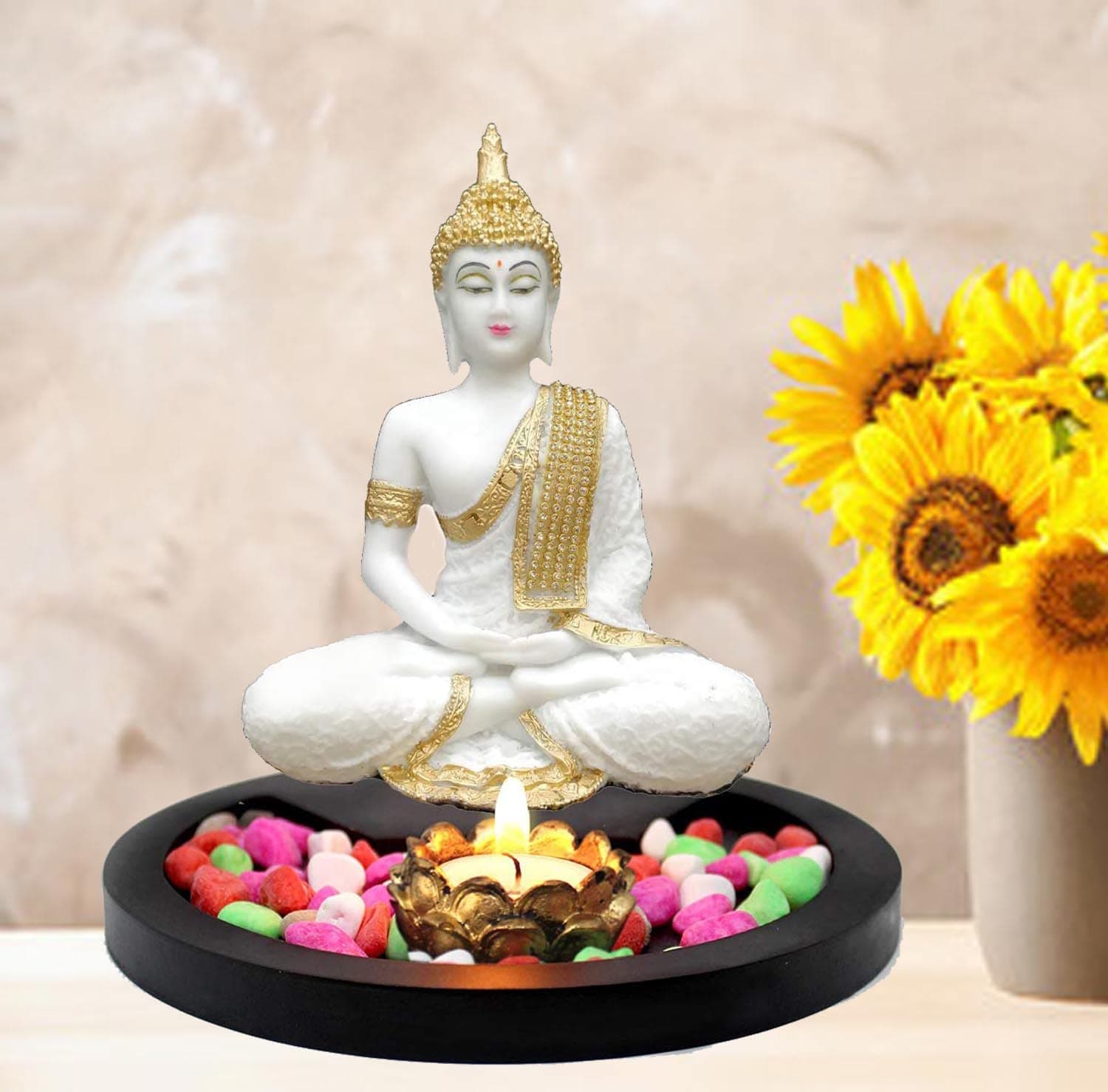 SN Craft Sitting Buddha Idol Resin Statue Showpiece with Wooden Tray Natural Stone Tealight Candle Holder for Living Room Home Decor and Gifts (Marbal White) 1 Set