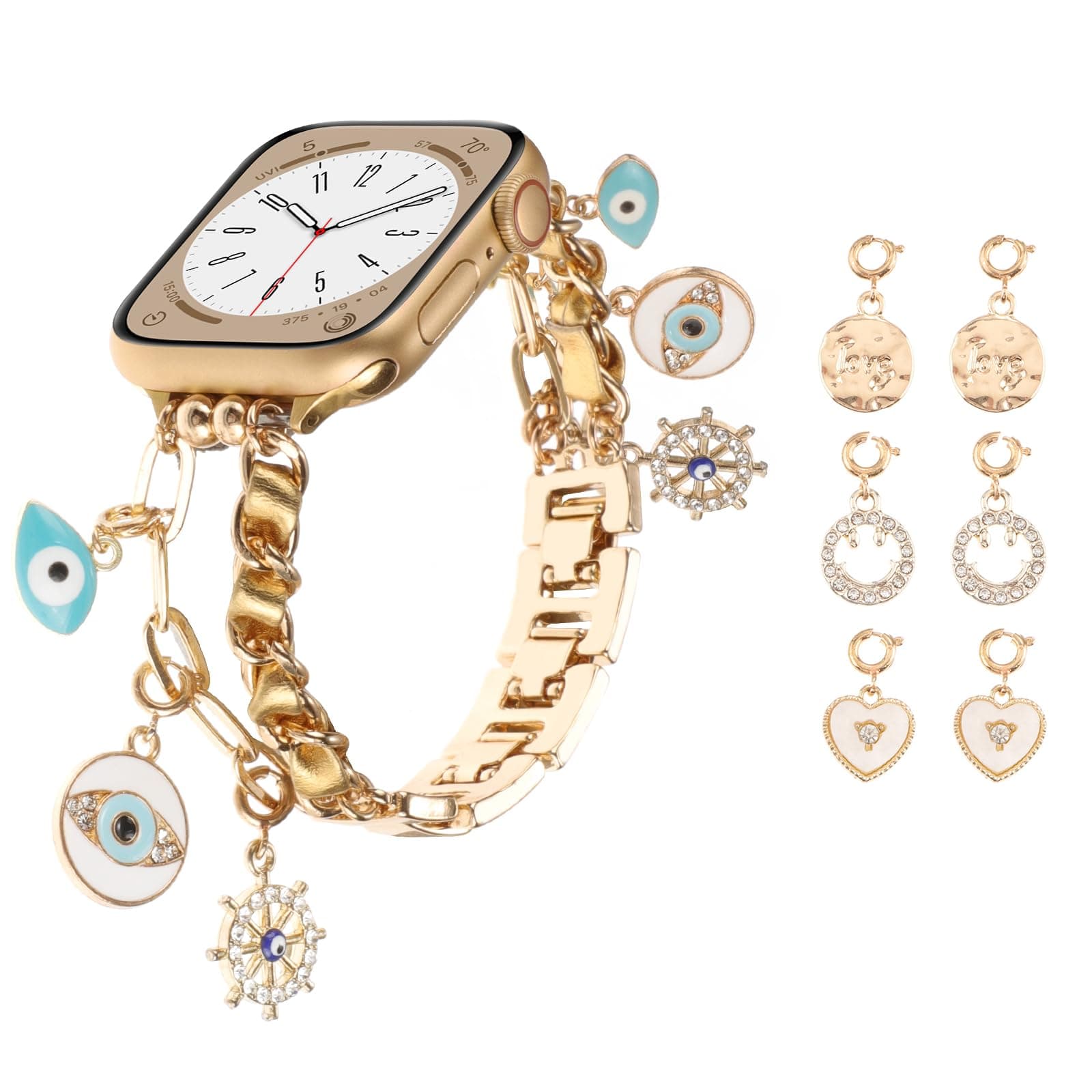 Stylish Wristband Compatible with Apple Watch Band 38mm 40mm 41mm 42mm 44mm 45mm 49mm,Cute Strap with Interchangeable Pendants Evil Eye Love for iWatch Series 9 Ultra 8 7 6 5 4 3 2 1 SE Charms Women