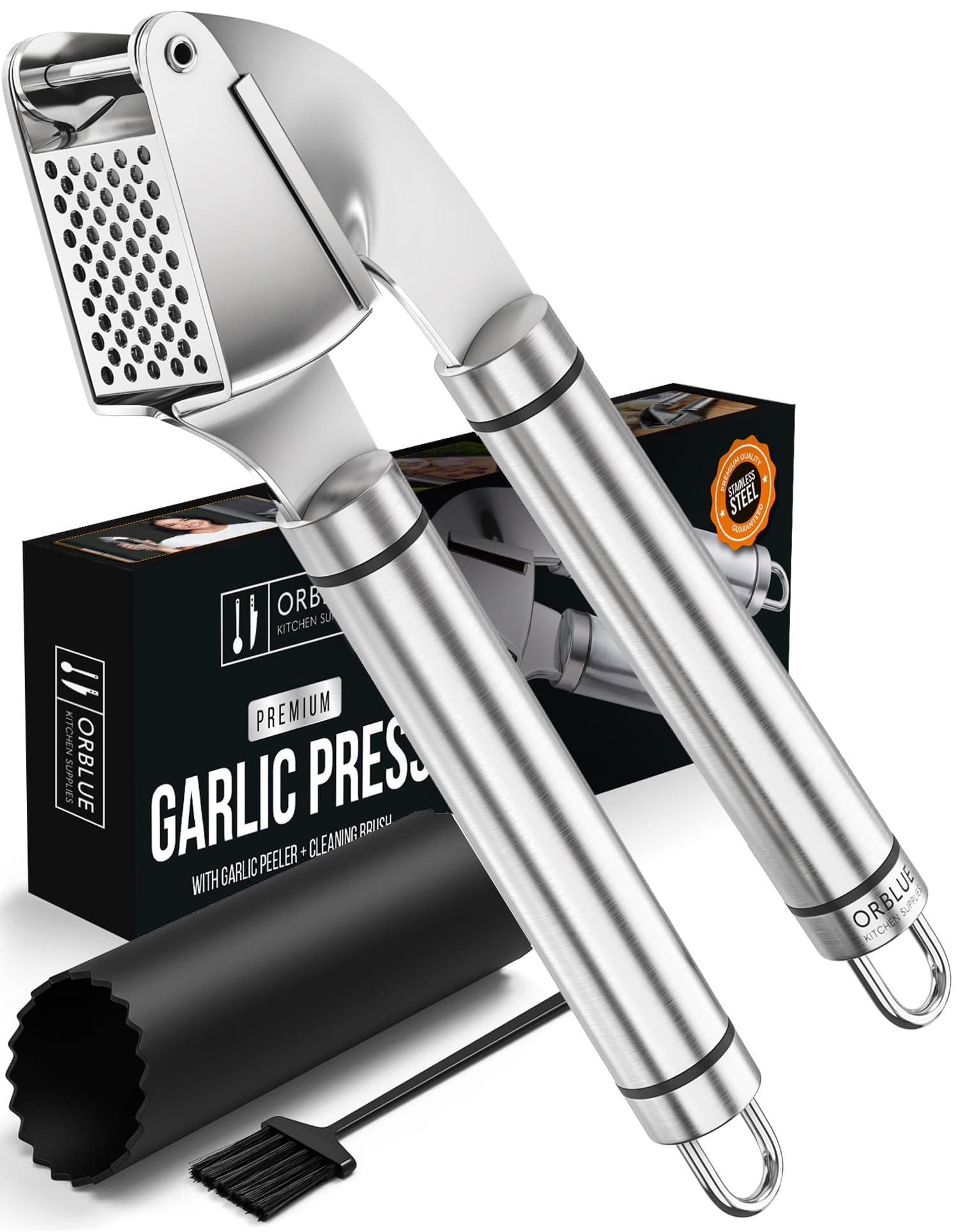 Garlic Press Stainless Steel - Premium Professional Grade Garlic Mincer, Crusher & Peeler Set - Easy Clean, Dishwasher Safe & Rust-proof