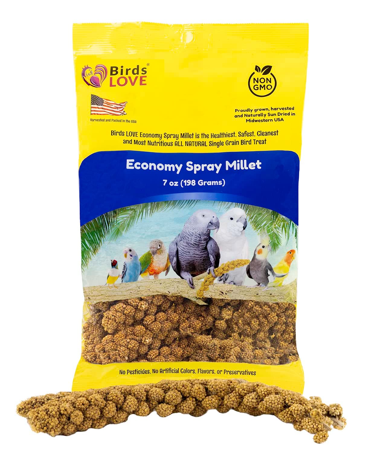 Birds LOVE Economy Special Spray Millet GMO-Free (No Stems Only Edible Tops) for Birds Cockatiel Lovebird Parakeet Finch Canary All Parrots Healthy Treat - 7oz