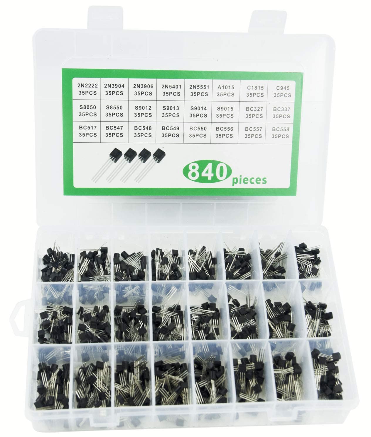 Makeronics 24 Values 840 PCS NPN PNP Transistor kit | 2N2222-S9018 / BC327-BC558 NPN PNP Power General Purpose Transistors Assortment Kit - Pack of 840