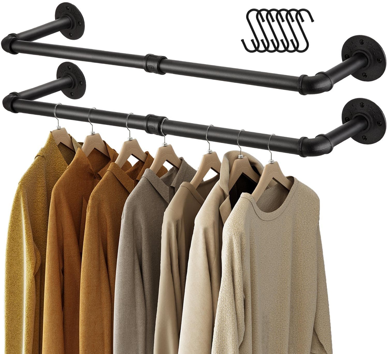 Greenstell Industrial Pipe Clothes Rack Wall Mounted,Space-Saving Iron Garment Rack Multi-Purpose,Detachable Rustic Hanging Shelves 2 Base Black(2 Pack)