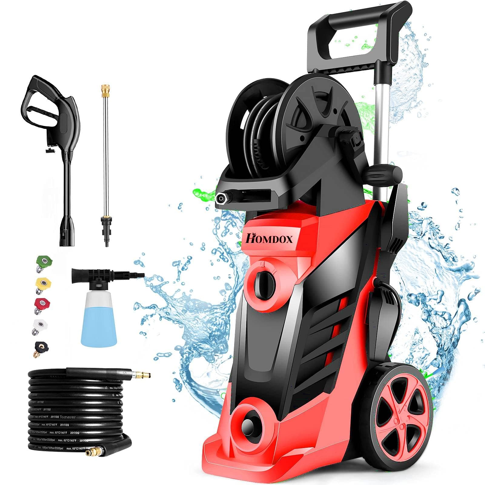 Electric Pressure Washer Homdox High Pressure Washer Power Washer Cleaner Machine with Nozzles Foam Cannon, Cleaning Homes, Cars, Patios (Red)