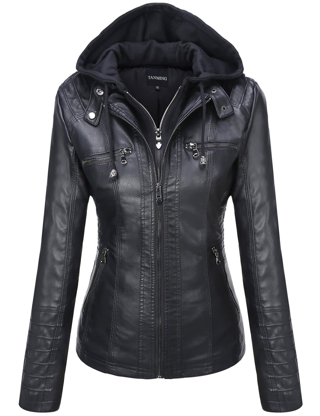 womens Hoodie Tanming Women's Womens Hooded Faux leather Jackets (Medium, Black)