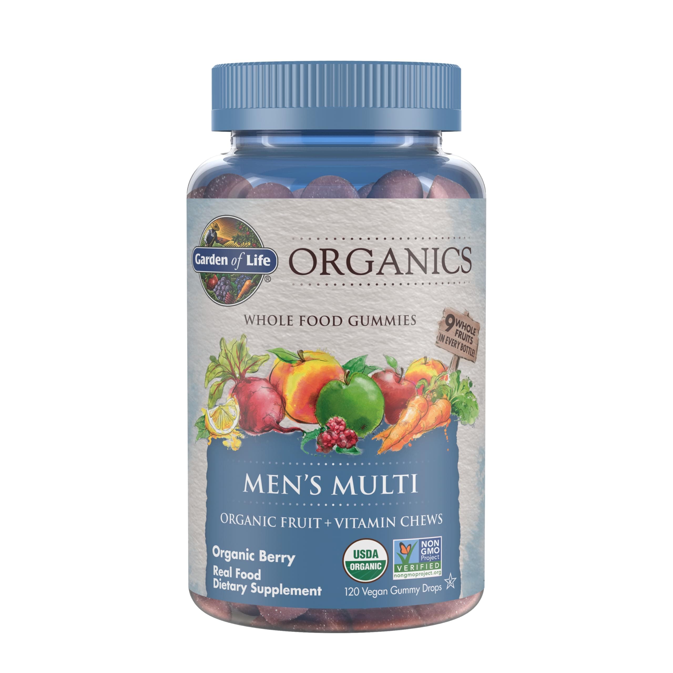 Organics Men's Gummy Vitamins - Berry - Certified Organic, Non-GMO, Vegan, Kosher Complete Multi - Methyl B12, C & D3 - Gluten, Soy & Dairy Free, 120 Real Fruit Chew Gummies