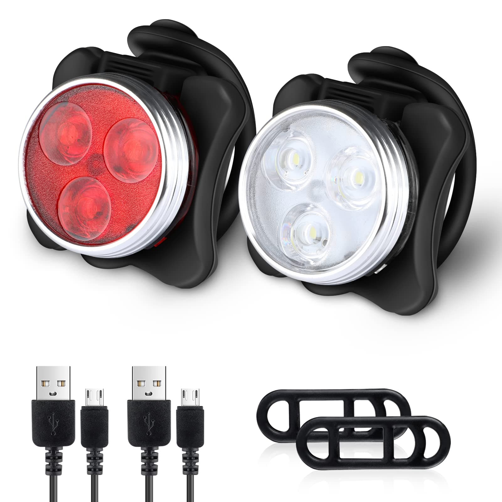 Bike Light Set, Super Bright USB Rechargeable Bicycle Lights, 4 Brightness Modes Options Cycling Front Light & Rear Light, Waterproof Mountain Road Bike Lights(2 Cables, 4 Straps)