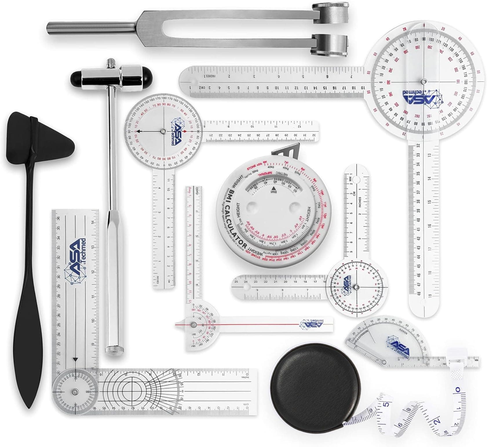 Goniometer Physical Therapy Complete Set W/Bonus Reflex Hammer Including 12,8,6 Inches Goni's Plus Two Bonus Measuring Tapes. Occupational Therapy Too