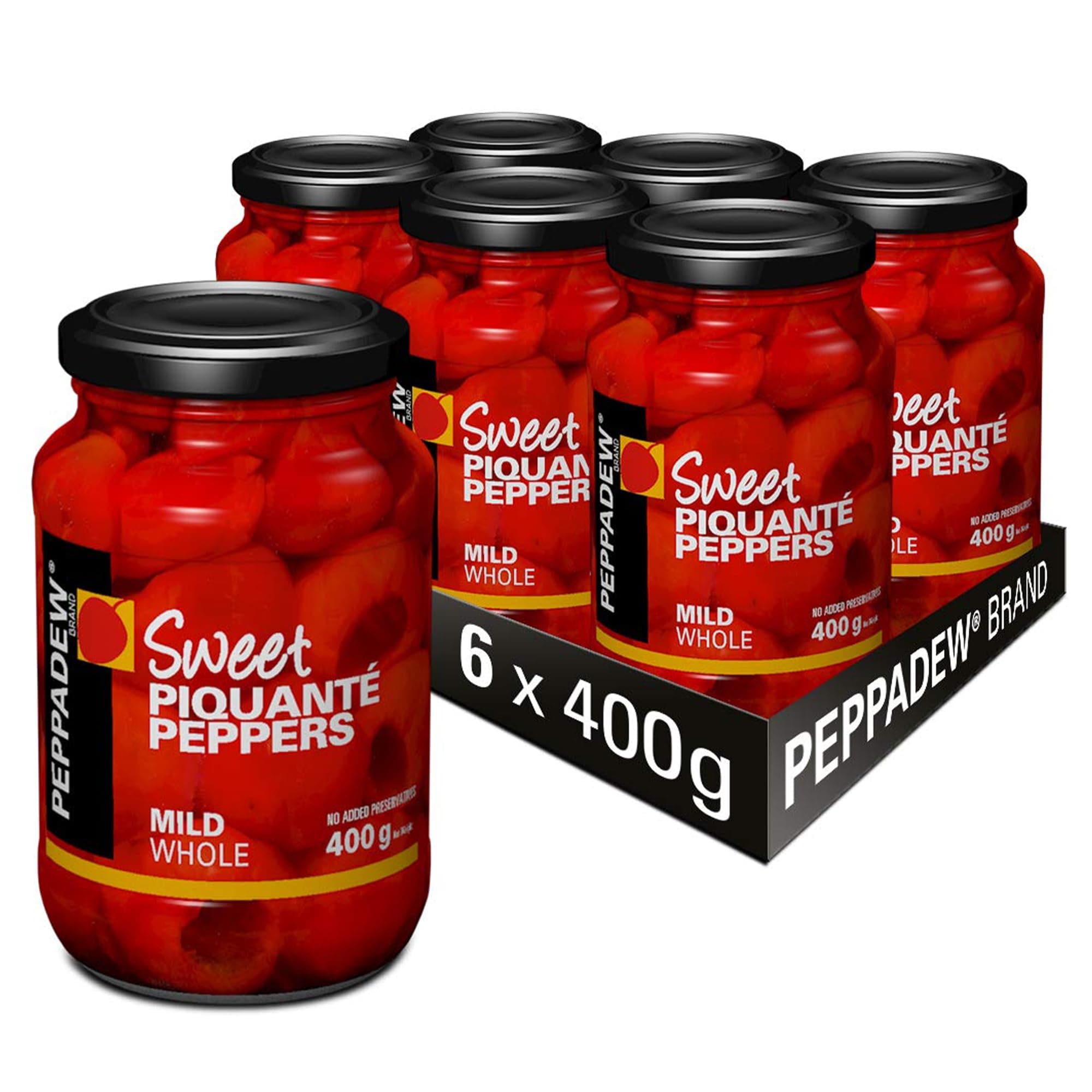 PEPPADEW Peppers, Sweet Whole Piquanté Peppers, Vegan, Gluten Free, Mild Spice, Ideal for Tapas, Bar Snacks and Nibbles, Pack of 6 Jars x Jar 400 g