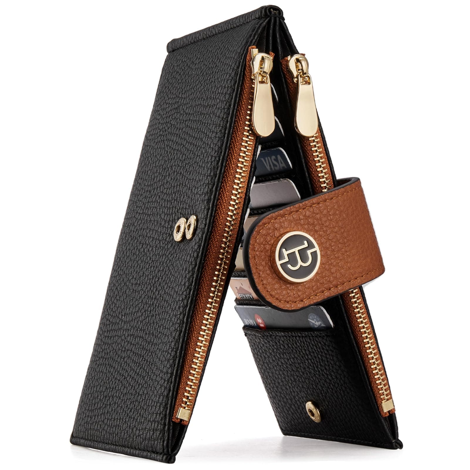 Leather Wallets for Women Large RFID Blocking Slim Bifold Purse Card Holder with Zipper Pocket Black＆Brown