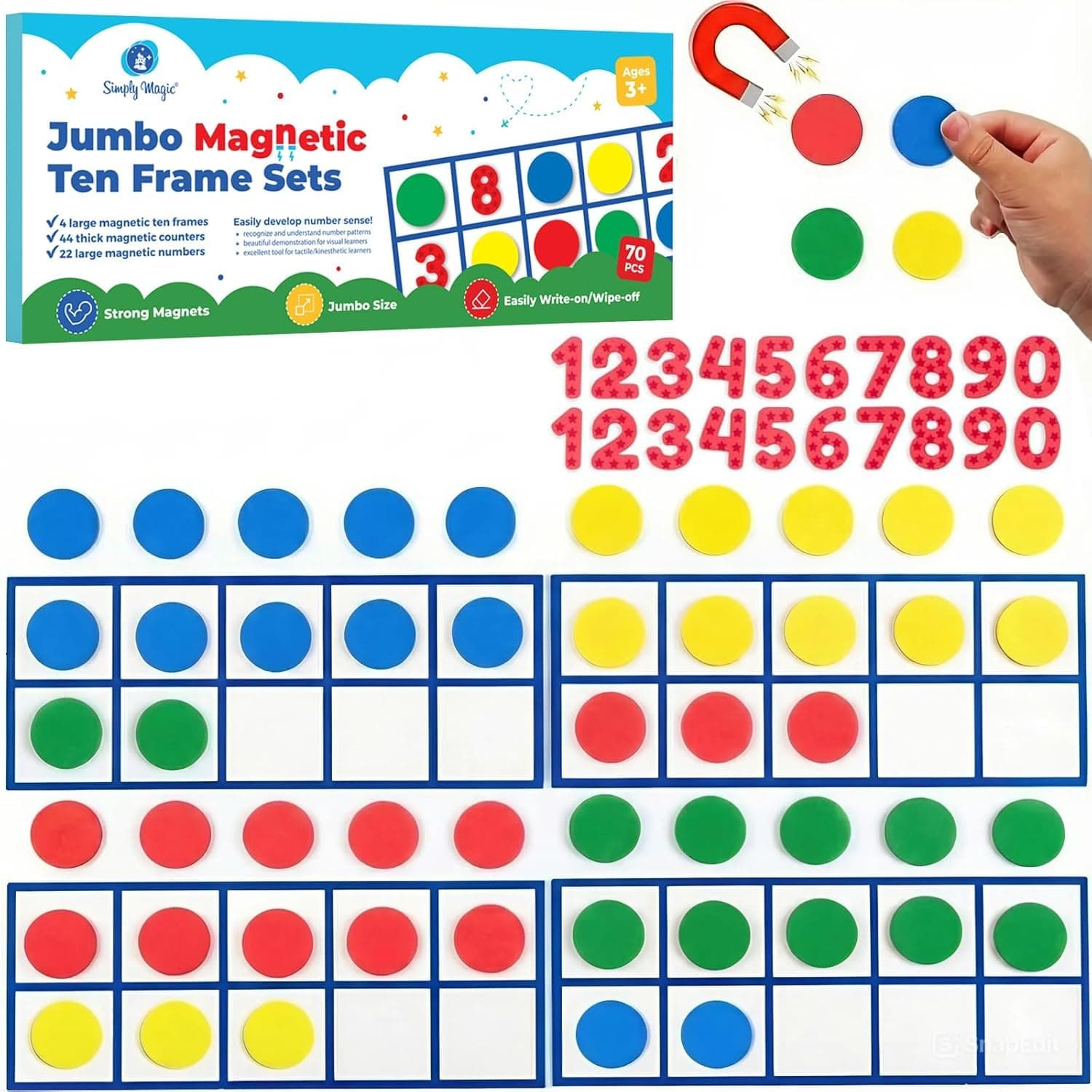 70 PCS Magnetic Ten Frames - Math Manipulatives for Elementary Classroom & Kindergarten - 4 Ten Frames & 44 Math Counters for Kids, Math Games for Kindergarten - Jumbo Magnetic Ten Frame Set