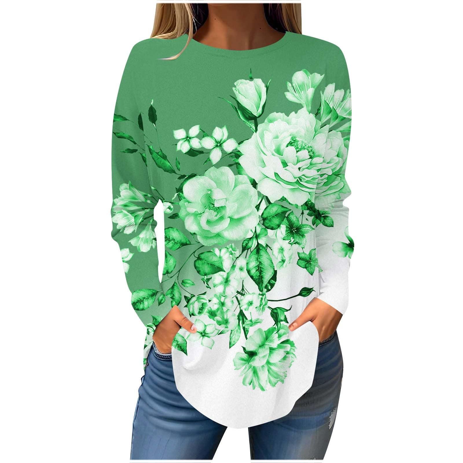 AMhomelyLong Sleeves T Shirts for Women Tops Winter 2023 Oversized Sweatshirt Creneck Lantern Sleeve Casual Shirts Dressy Floral Print Henley Sweatshirts Undershirts Activewear