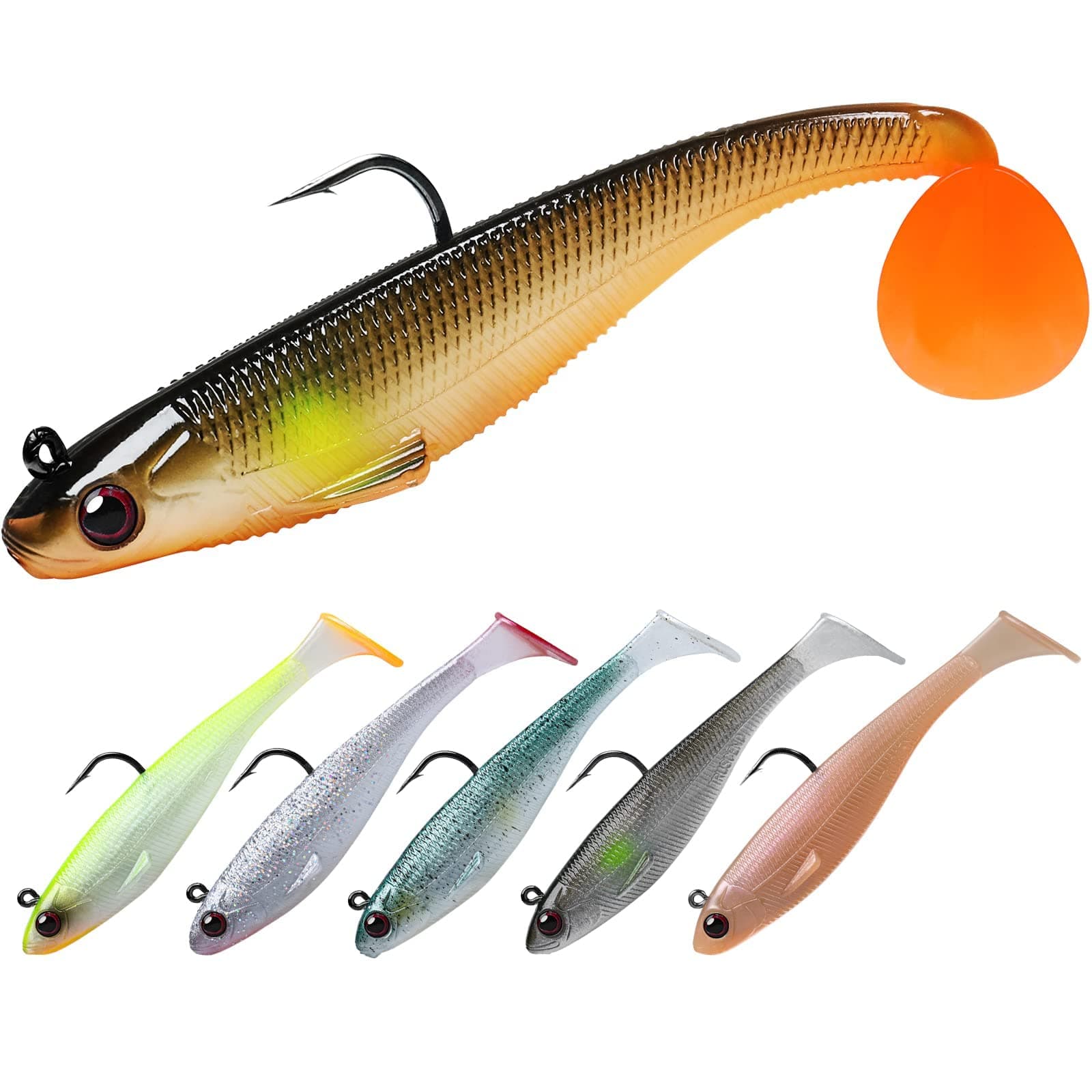 Pre-Rigged Jig Head Soft Fishing Lures, Paddle Tail Swimbaits for Bass Fishing, Shad or Tadpole Lure with Spinner, Premium Fishing Bait for Saltwater Freshwater, Trout Crappie Fishing