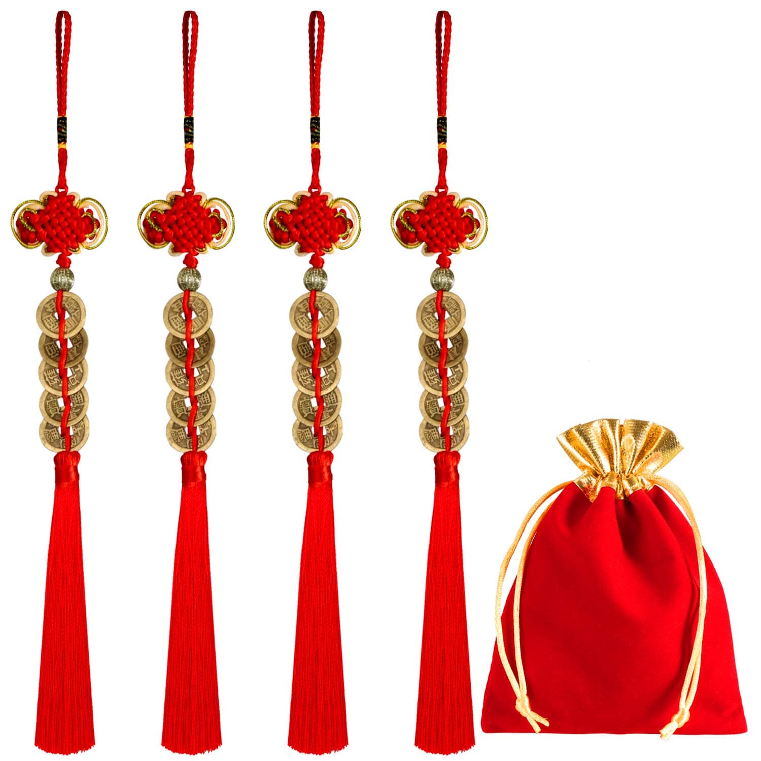 Boao 4 Pcs Chinese New Year Lucky Coins Charms Chinese Knot Feng Shui Tassel Hanging Pendant Decorations for New Year Home Health Wealth Success Lucky Decor with Storage Bags