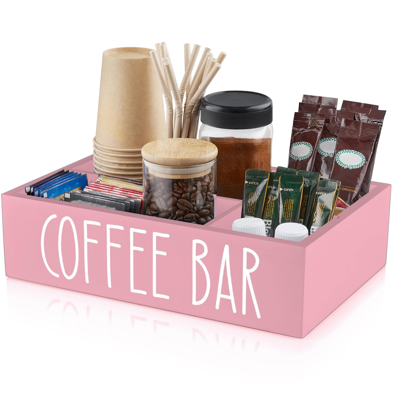 ALELION ALEION Coffee Station Organizer - Wood Countertop Accessories Organizer with Removable Dividers for Pods Condiment Syrup Tea Cups Stirrers - Pink Decor for Kitchen Coffee Bar