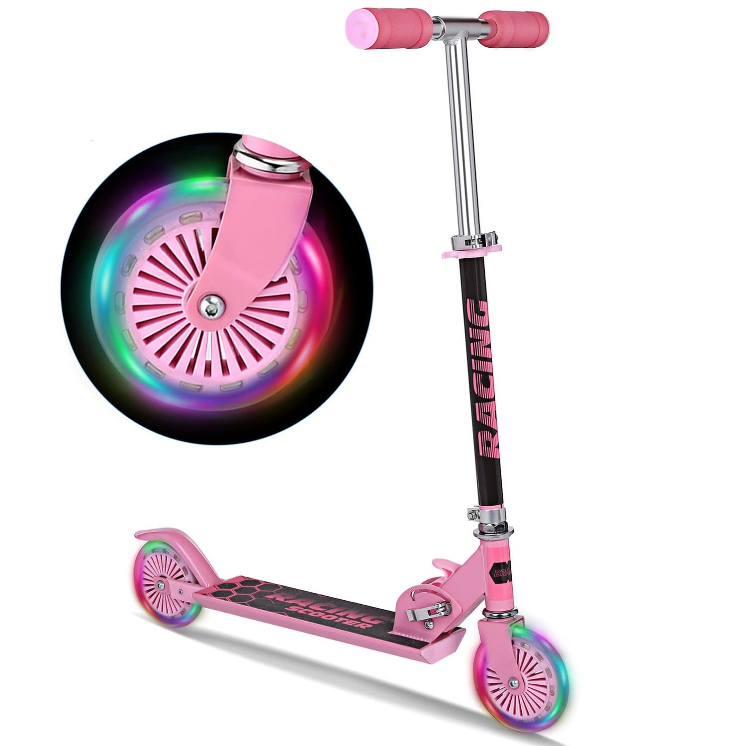 Kids Scooter 2 Wheels by WeSkate for Girls Boys 3 and Up, Smooth-Gliding, Adjustable Height Folding Kick Scooters with LED Light Up PU Wheels (Pink Gift)