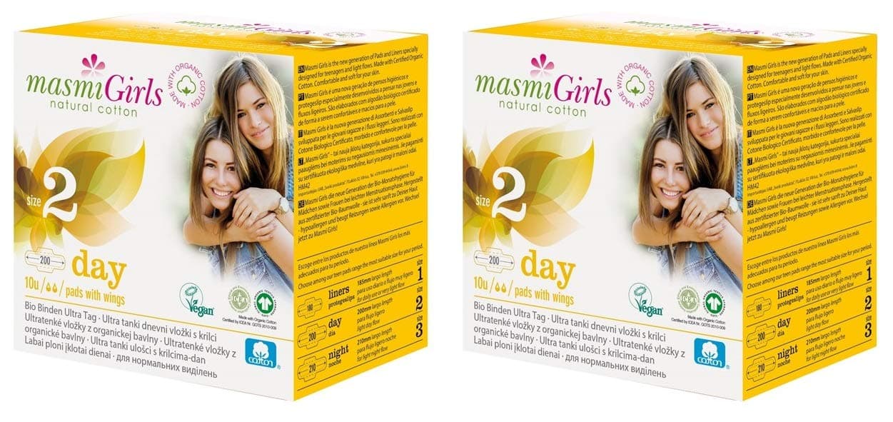 2 x 10 Organic Teen First Period Day Pads with Wings. Organic, Vegan, Biodegradable, Individually Wrapped. Masmi