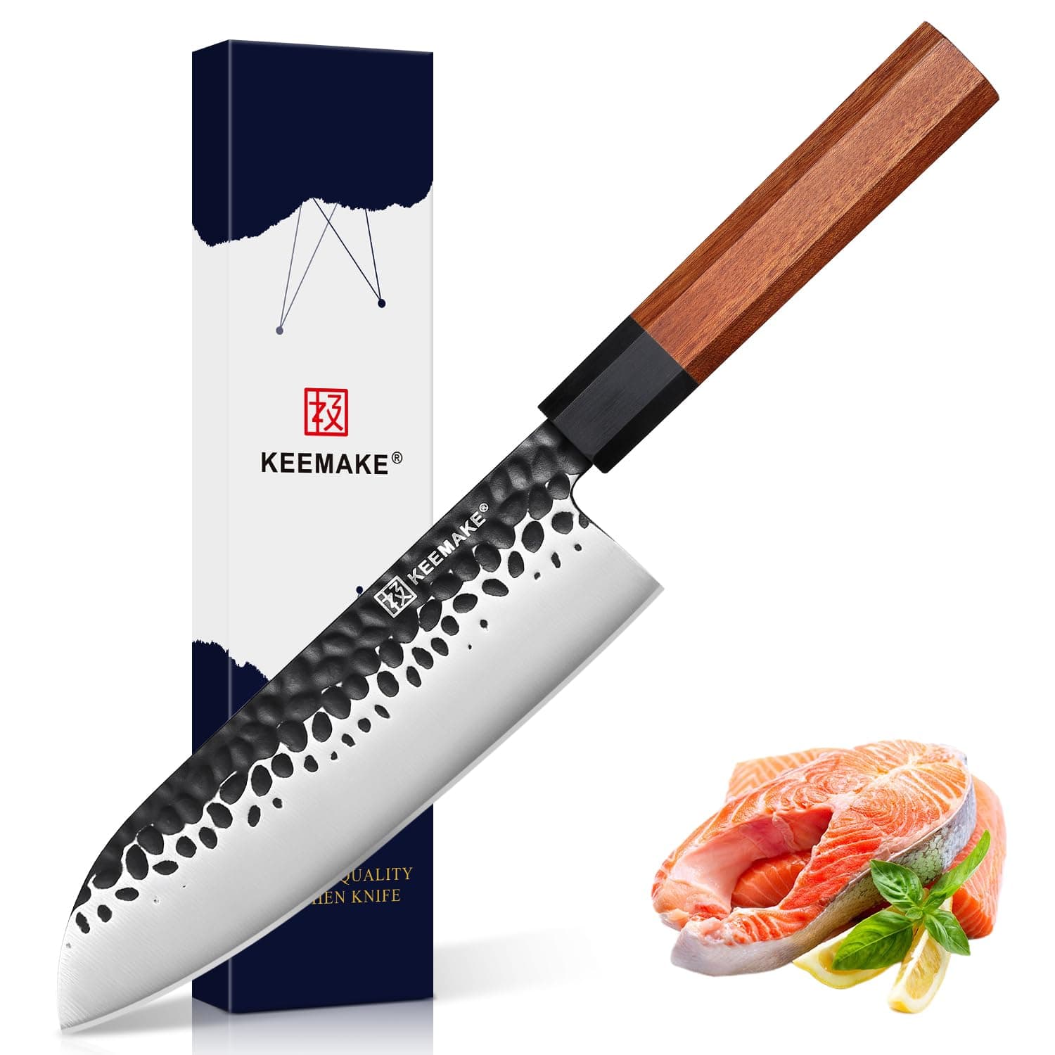 Santoku Knife 7 inch Chef Knife, Japanese 440C Stainless Steel Kitchen Knife, Porfessional Cooking Knife for Meat Cutting with G10 Bolster Octagonal Wood Handle