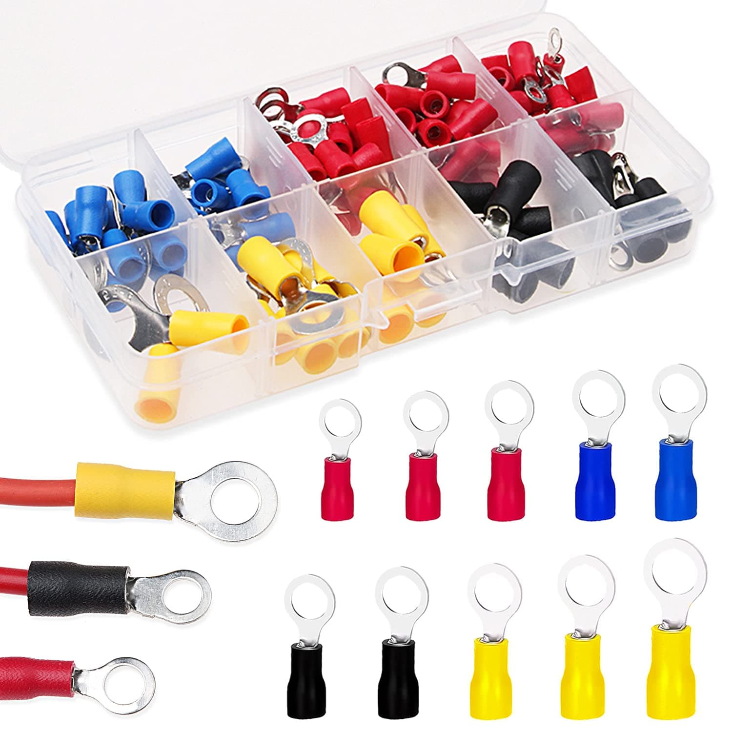 102 Pcs Ring Crimp Terminals Connectors, O-Type Electrical Wire Connectors Insulated Assortment Kit for Automotive Car Motorcycle Boats Electric Instruments, 10 Size