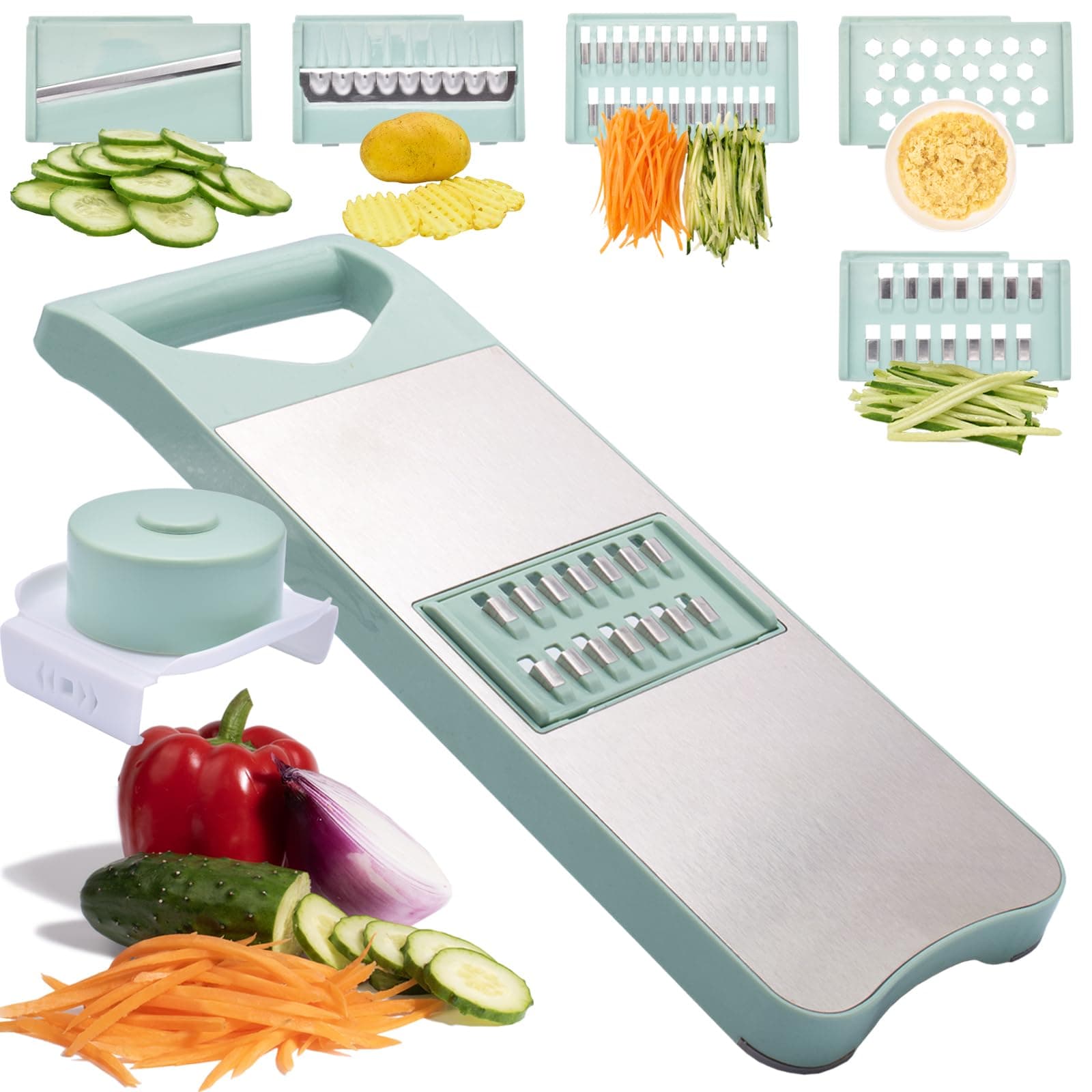 Multi-Purpose Mandoline Slicer for Kitchen with Slide-On Hand Guard - Vegetable Chopper, Potato/Onion/Garlic Slicer, Kitchen Grater(Multi-Color) (Seafoam green, 5-in-1)