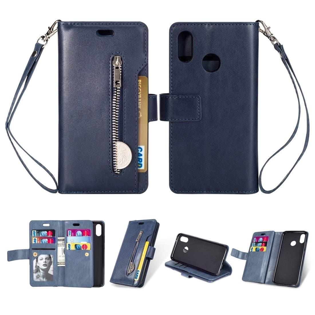 JIANWU Case Cover, For Huawei P20 lite/Nova 3e Multifunctional Zipper Horizontal Flip Leather Case with Holder & Wallet & 9 Card Slots & Lanyard (Color : Blue)