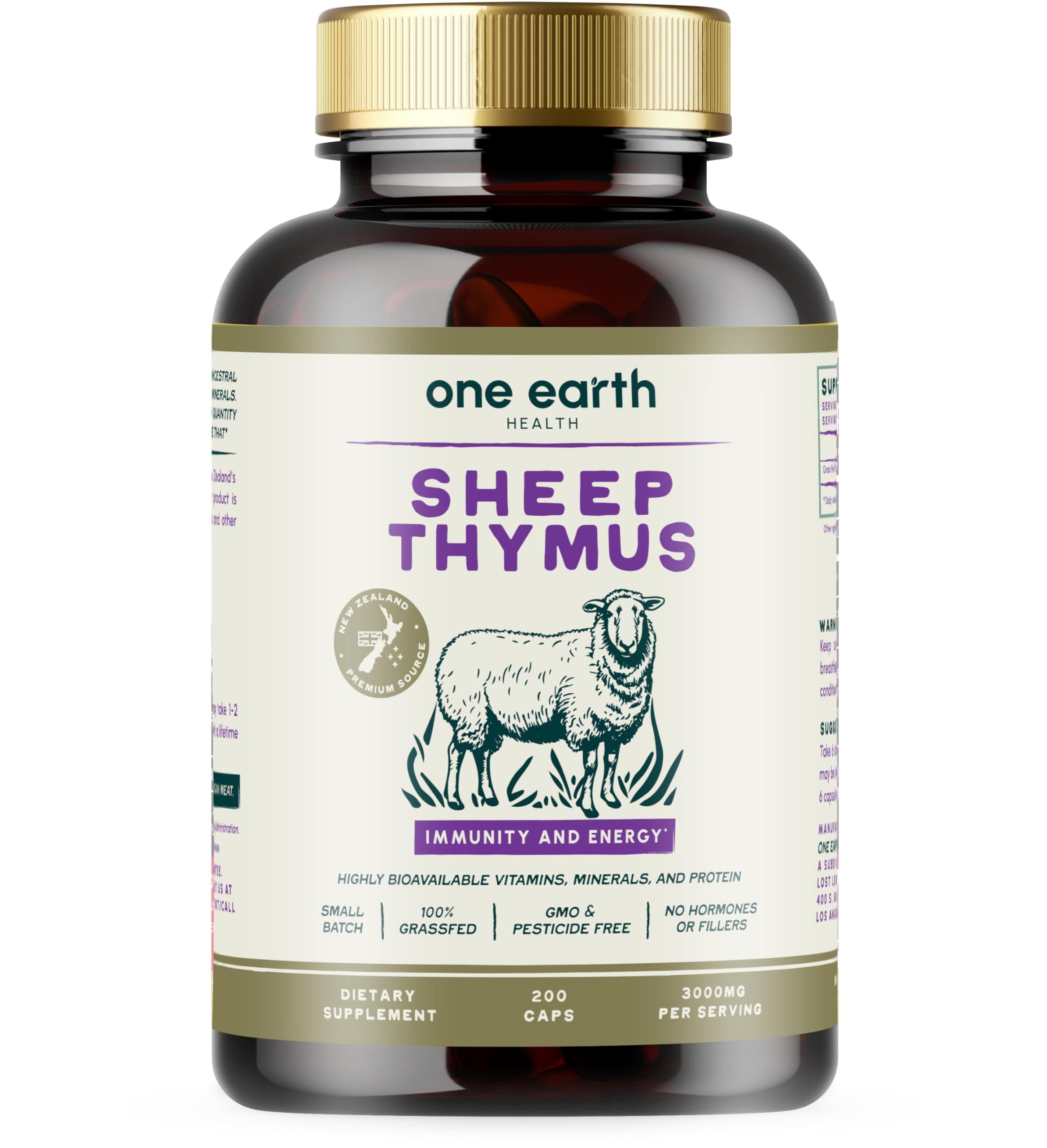 One Earth Health Grass Fed Thymus - New Zealand Sourced Thymus. 3,000mg per Serving, 200 Count