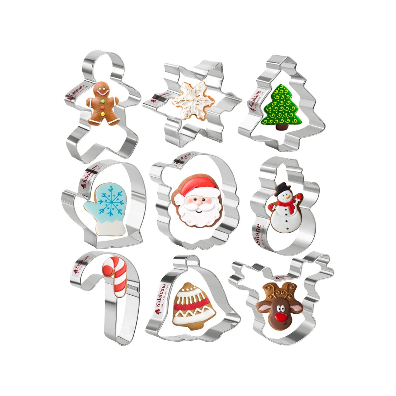 Christmas Cookie Cutters Biscuit Cutters for Kids Set of 9 -Gingerbread Man, Christmas Tree, Santa Face, Reindeer Face, Snowman & More Shapes Stainless Steel by KAISHANE
