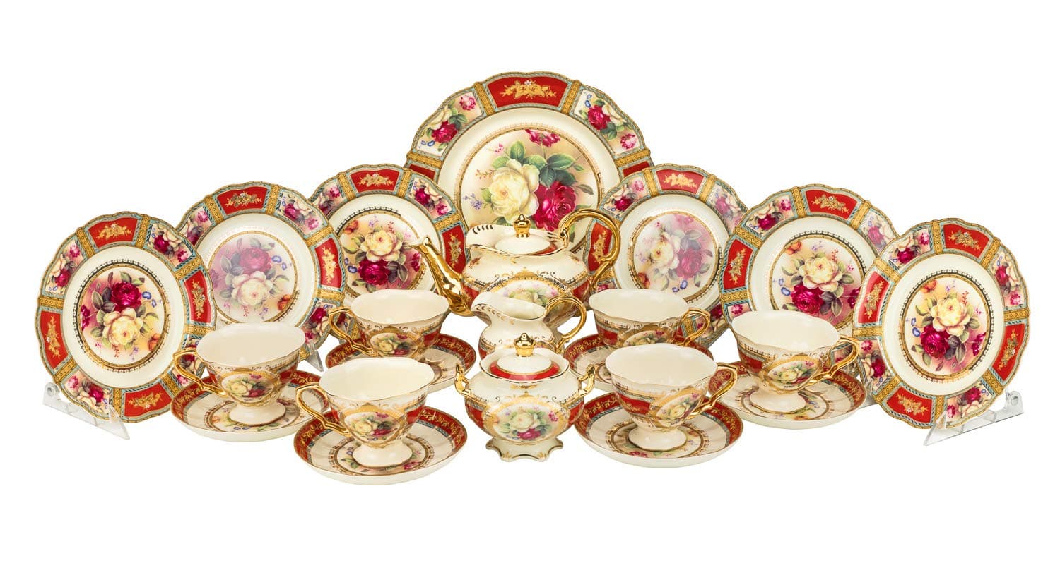 24-pc. Vintage Tea Coffee Cup Dining Dessert Set, 24 kt Gold Plated Roses Decorated Antique Pictorial, Hand Painted Service for 6 Luxury Bone China Tableware (Red)