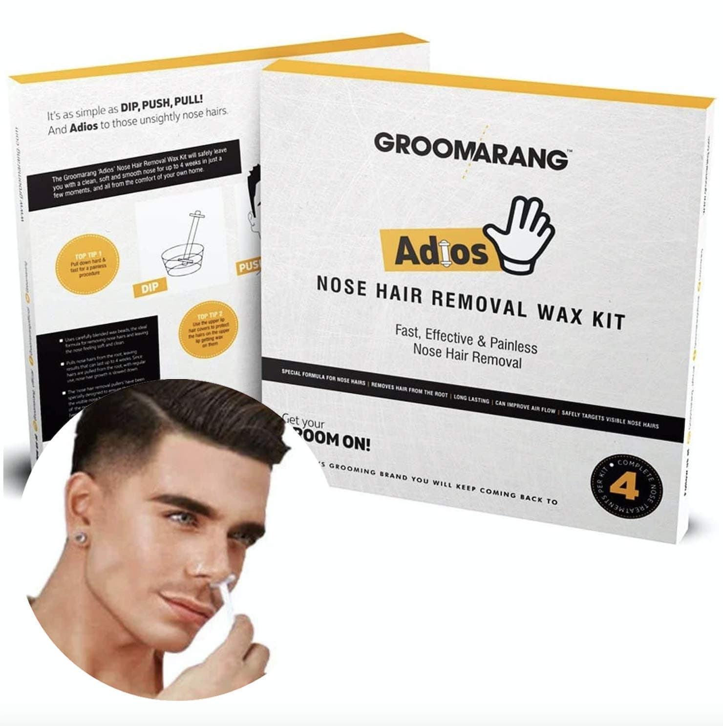 Nose Waxing Kit Groomarang ‘Adios’ Nose Hair Waxing Kit for Men - Includes Nose Hair Wax Beads, Pullers & Moustache Protectors for Fast, Effective & Painless Nose Hair Removal