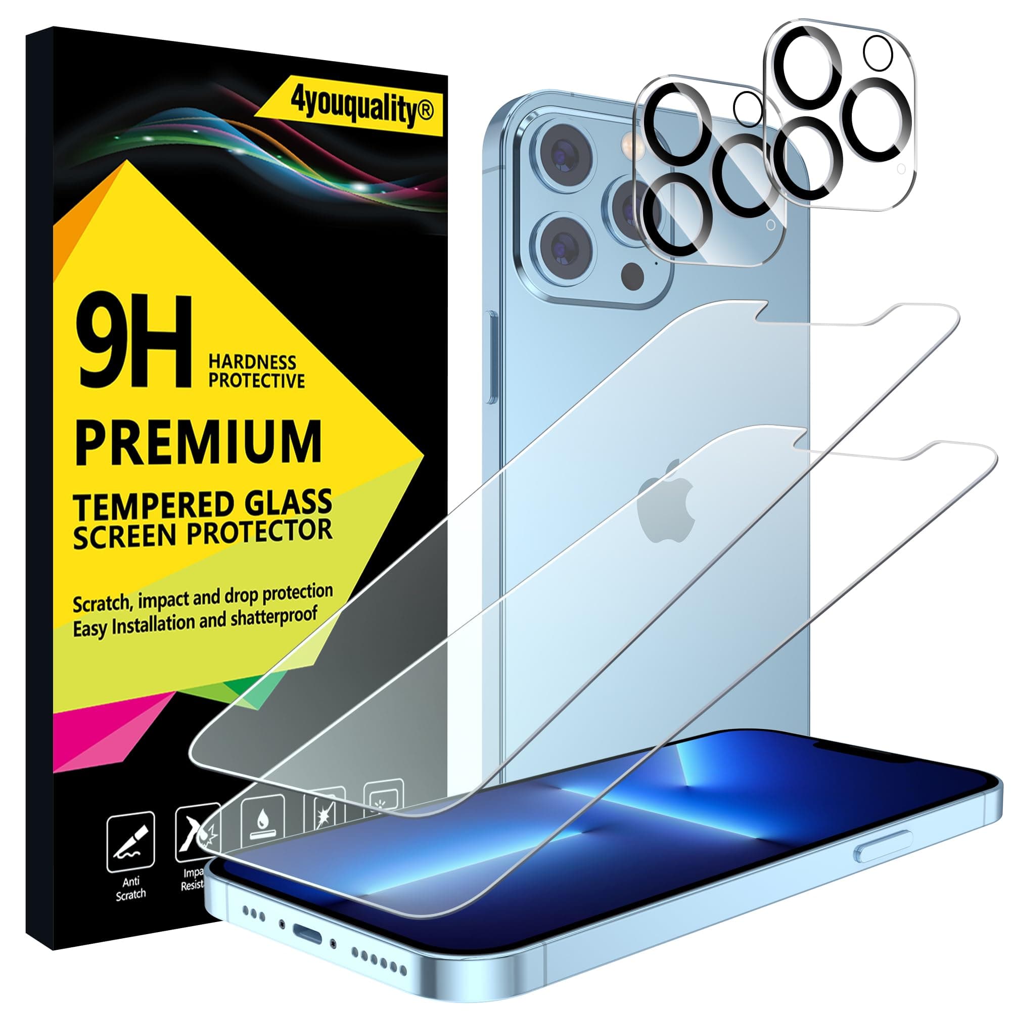 Screen Protector for iPhone 13 Pro Max with Camera Lens Protector, Tempered Glass Film, 2-Pack Each, [Impact-Resistant][Anti-Scratch][Anti-Shatter][Ultra-Clear]